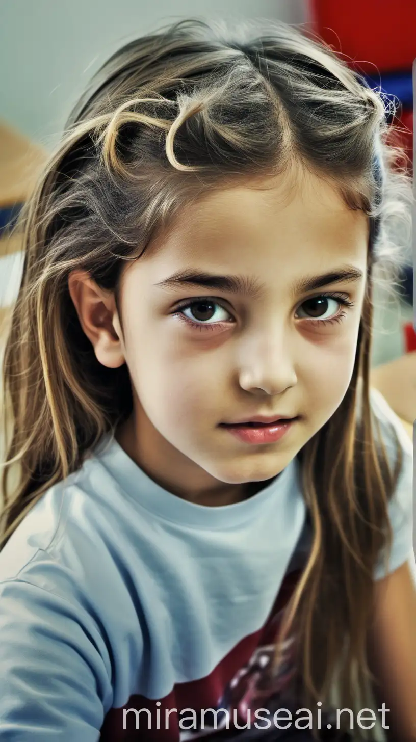 A 12 years innocent child lebanon messy hair  in classroom hairpin, most beautiful girl in the world, close-up, bird's eye view, top view