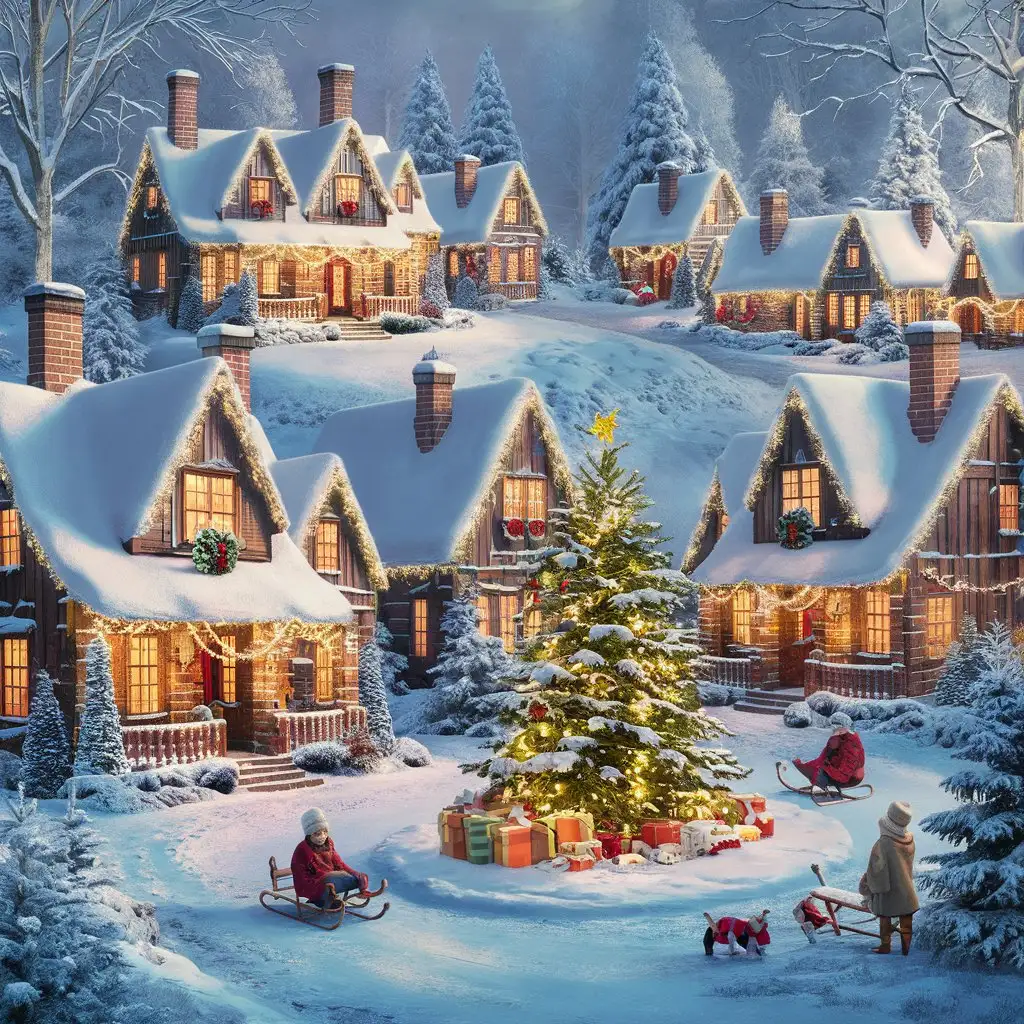 A cozy winter village scene, complete with snow-covered roofs and twinkling holiday lights.