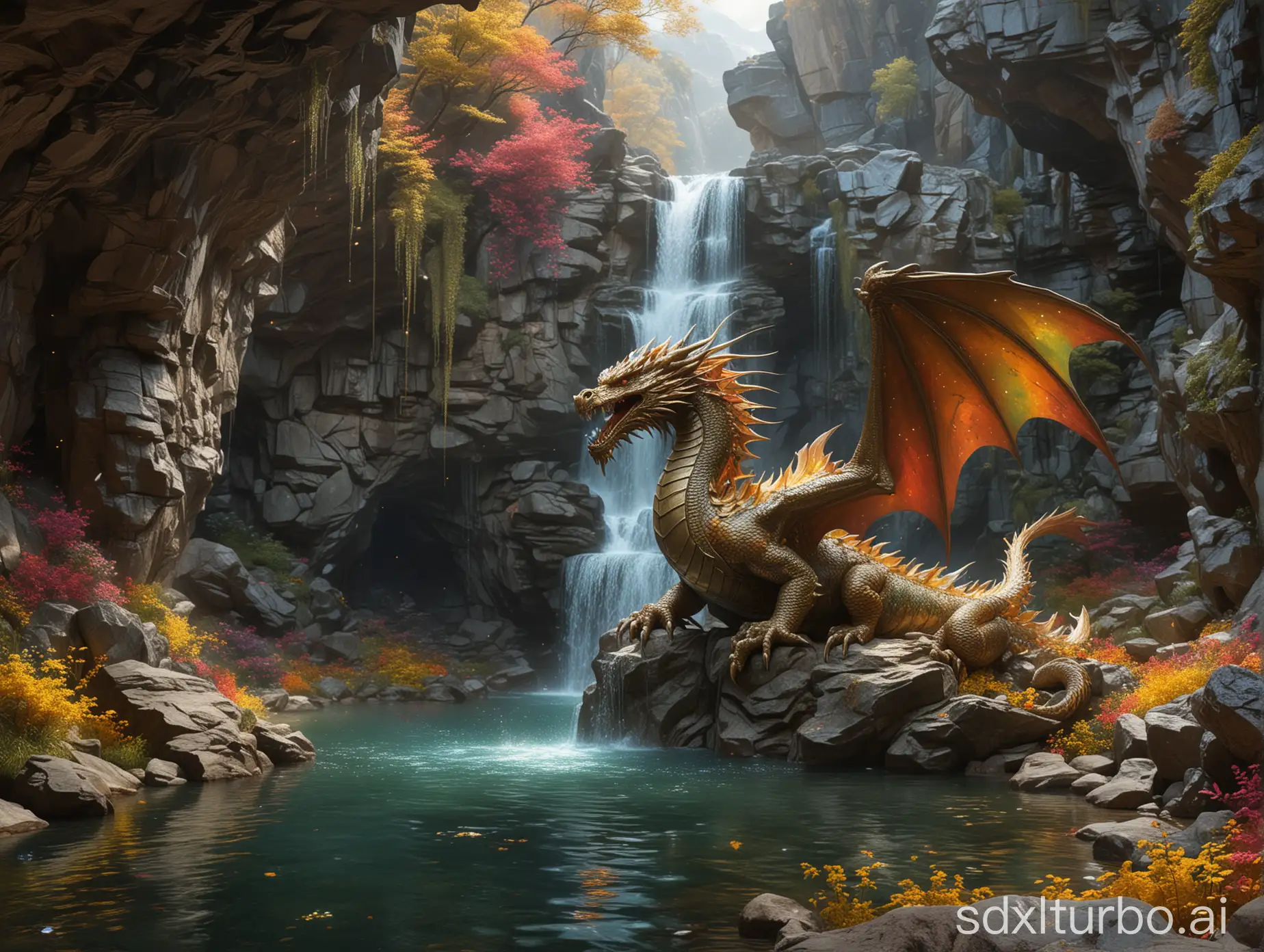 The entrance to the grotto is guarded by a huge beautiful and wise dragon with folded wings, its scales glistening silver and gold.Mystical, beautiful, magical waterfall, spews from the rock in the underground high grotto jets of water, (((shimmering with colorful sparks)))).  The colorful sparks are reflected on the surface of the water.  Below the waterfall, there is a lake, from which streams flow outward to a beautiful meadow where flowers grow and butterflies fly. , sf, intricate artwork masterpiece, ominous, matte painting movie poster, golden ratio, trending on cgsociety, intricate, epic, trending on artstation, by artgerm, h. r. giger and beksinski, highly detailed, vibrant, production cinematic character render, ultra high quality model