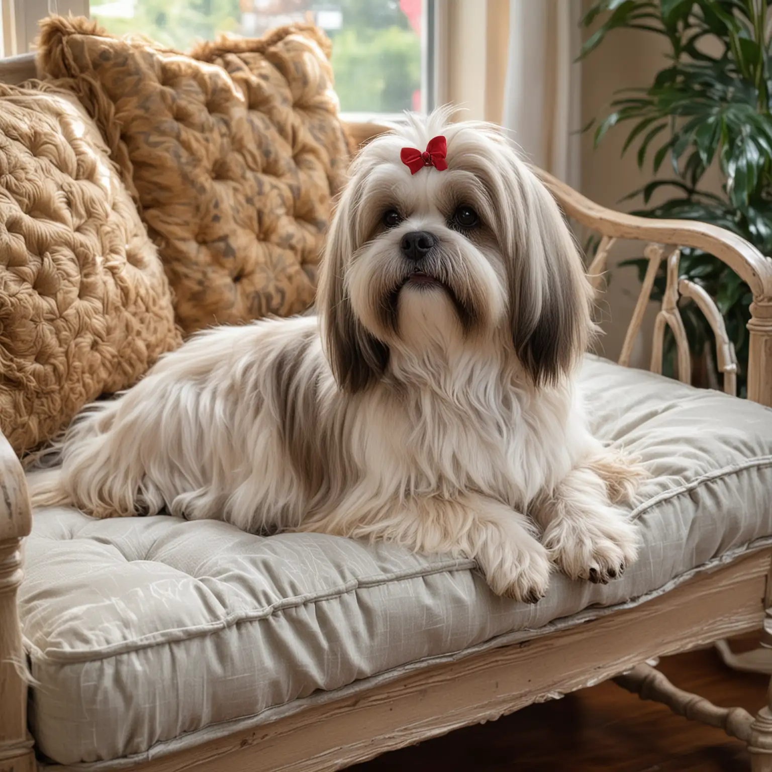 image of a beautifully groomed long haired Lhasa Apso laying on an elegant dog chaise lounge bed in the sunroom