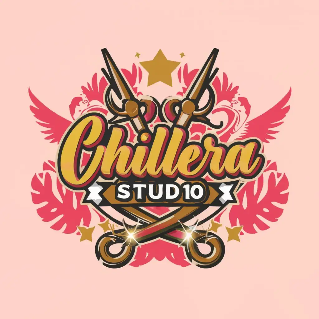 LOGO-Design-For-ChillEra-Stud1o-Modern-Pink-Golden-Logo-with-Royal-Scissors-and-Star-Theme