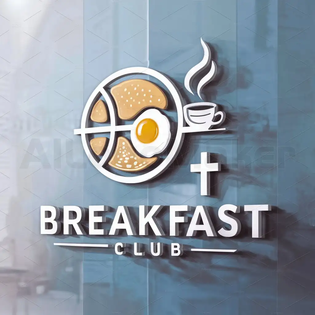 a logo design,with the text "Breakfast Club", main symbol:breakfast food and a basketball and a small cross in light blue,Moderate,clear background
