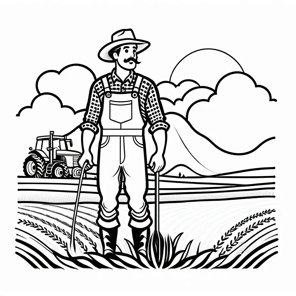 Farmer, Coloring Page, black and white, line art, white background, Simplicity, Ample White Space. The background of the coloring page is plain white to make it easy for young children to color within the lines. The outlines of all the subjects are easy to distinguish, making it simple for kids to color without too much difficulty