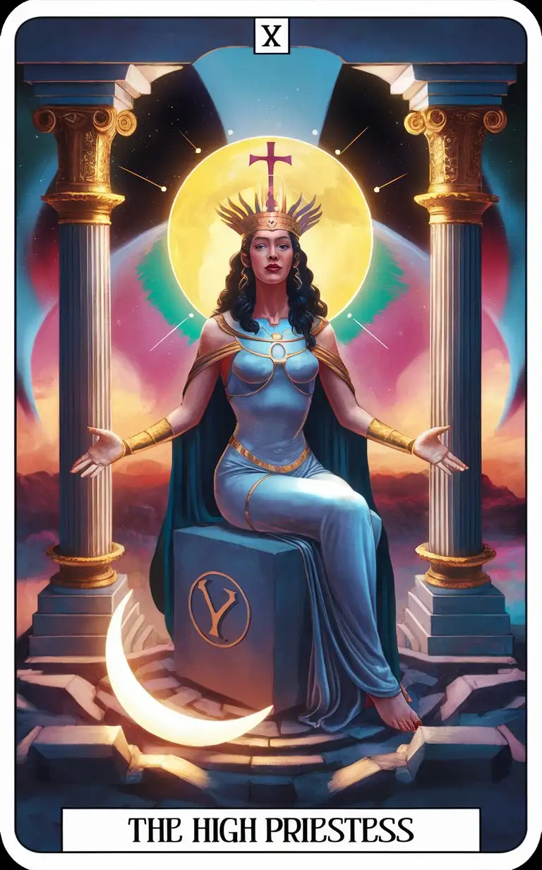 Tarot: detailed Leonardo da vinci oil painting futuristic, spiritual, bright color, positive atmosphere AI future Tarot card : the High Priestess.  archetypes of Persephone, Artemis, Isis. sitting on a cubic stone between the two pillars at Solomon’s Temple, She is the third pillar - the path between. she wears the crown of Isis. wearing of the solar cross . The crescent moon at her feet is seen

