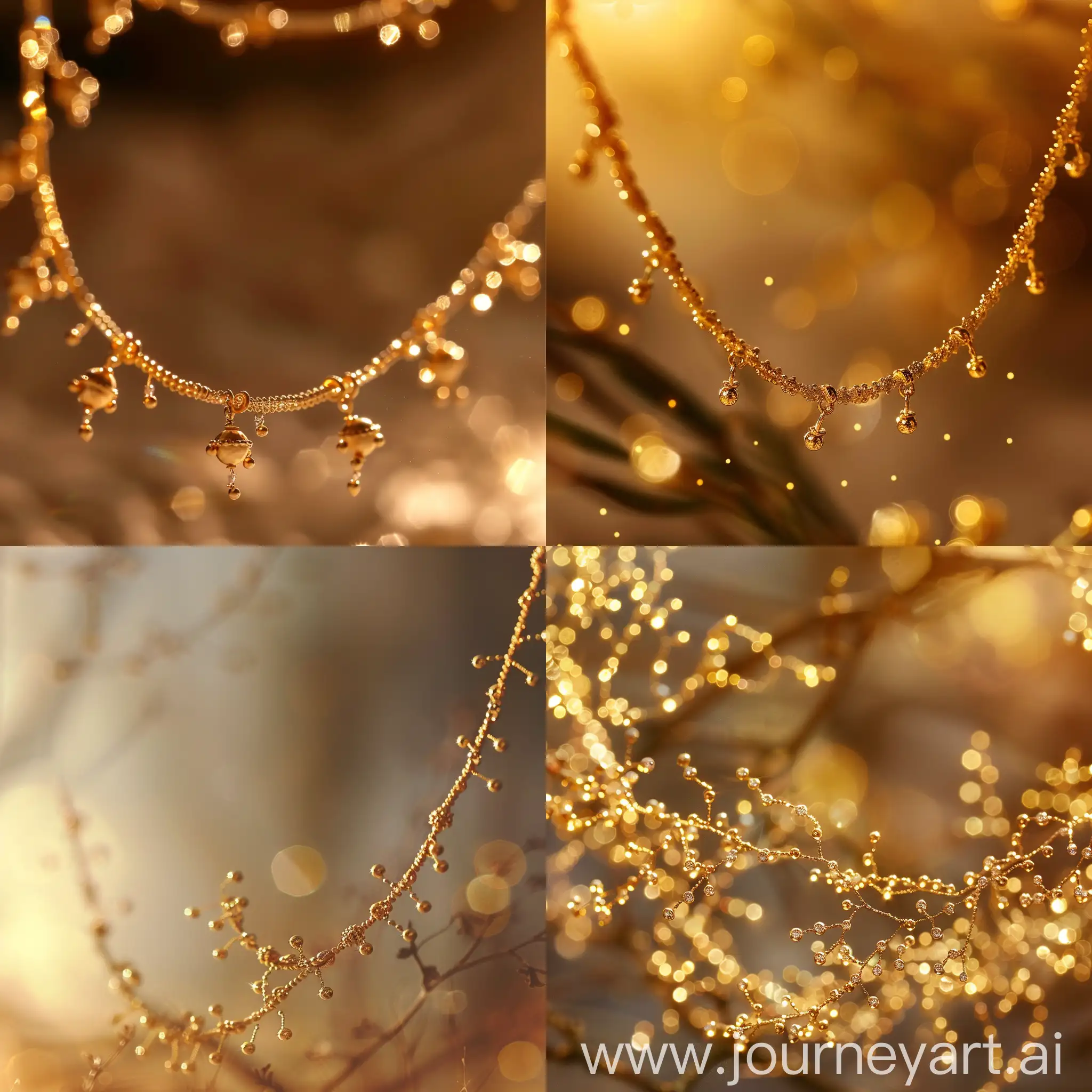A gracefully elegant fine gold necklace, each delicate link shimmering in the softest glow of sunlight. The intricate design showcases minimal but intricate details, where tiny gold beads sparkle like stars in the night sky. This exquisitely crafted piece is captured in a high-resolution photograph, showing every minute detail with crystal clarity. The image exudes a sense of luxury and sophistication, making the viewer feel as though they can almost reach out and touch the golden masterpiece.