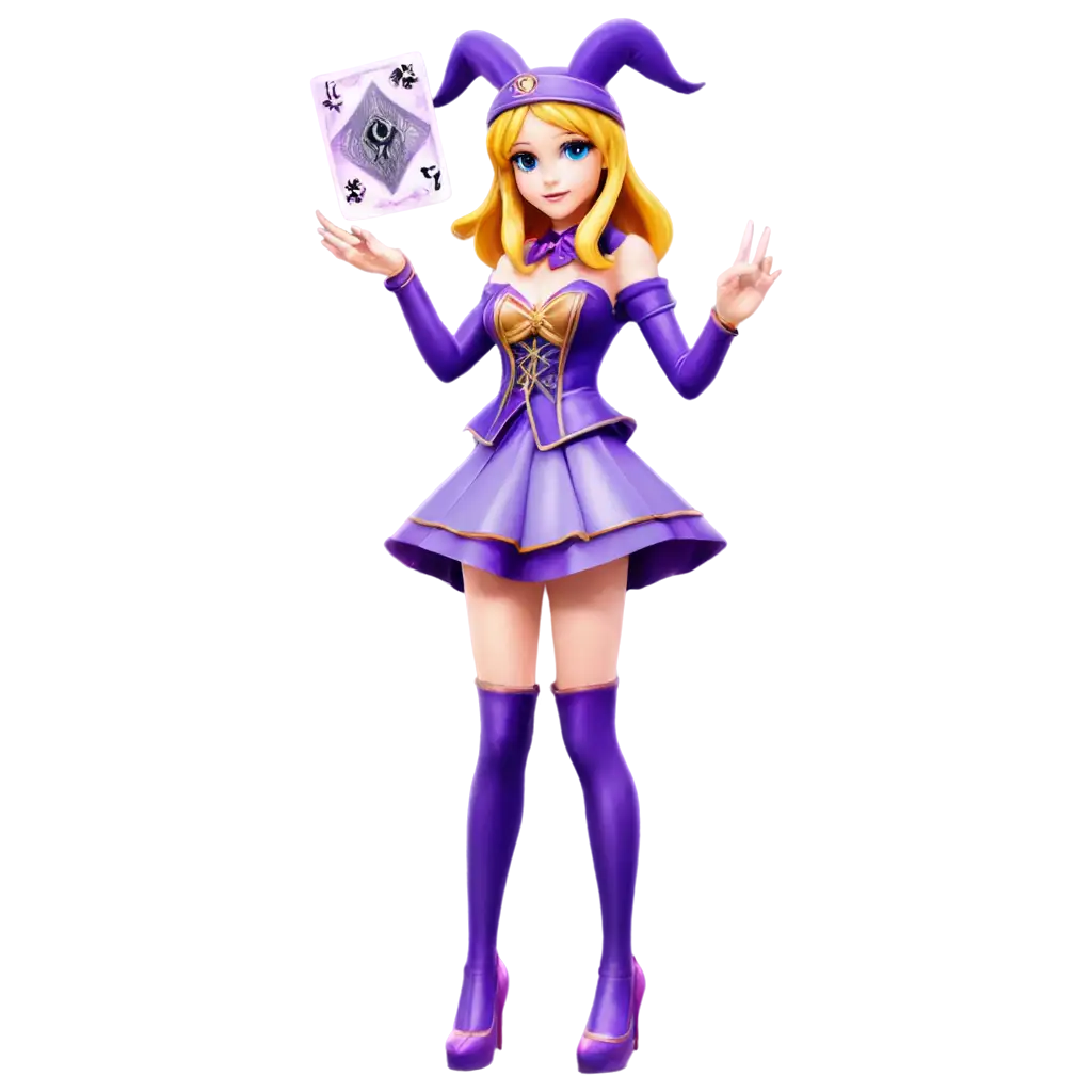 4d magician girl with flying purple playing card and purple magical aura