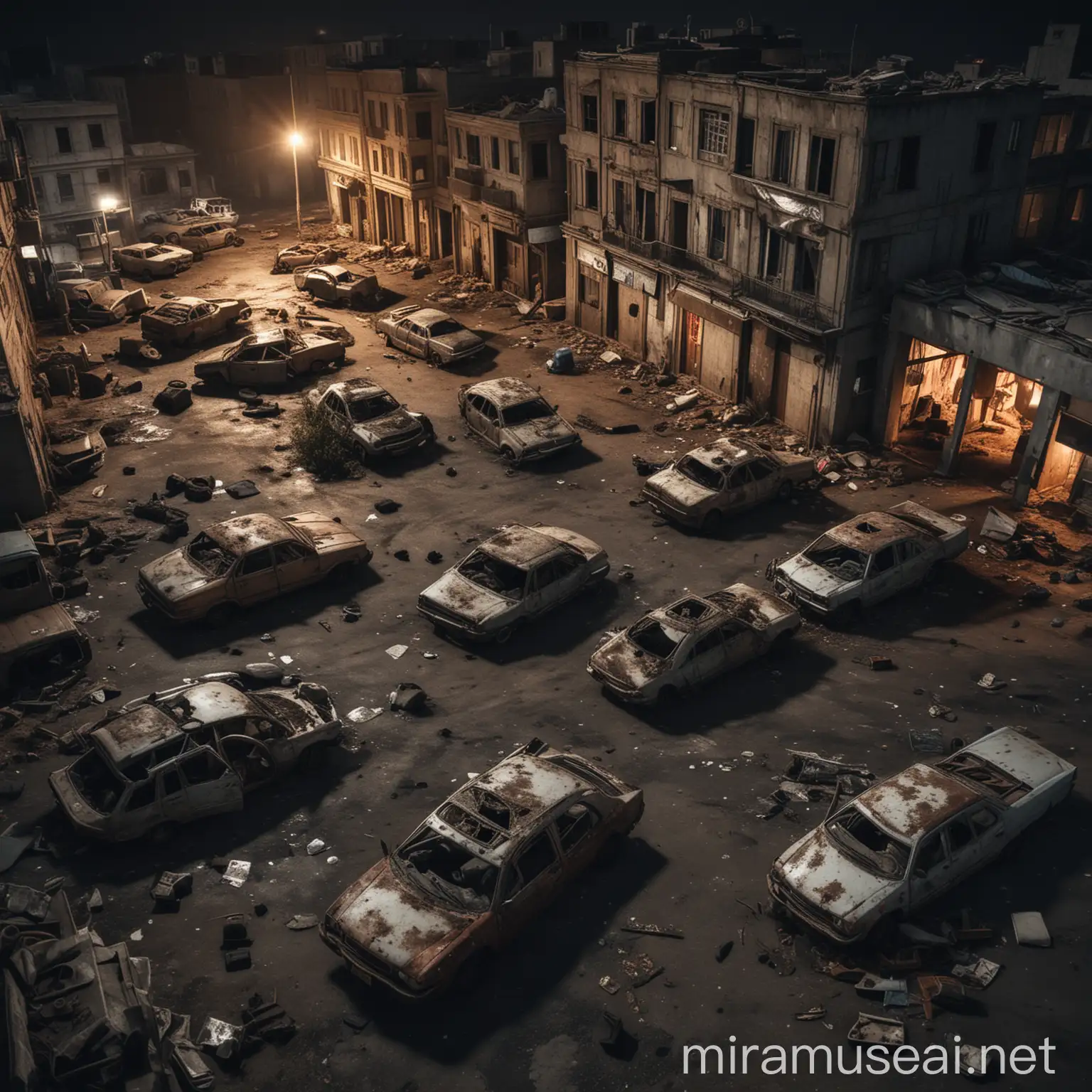 cidade abandonada com carros quebrados e corpos no chão com aspecto de jogo de terror á noite