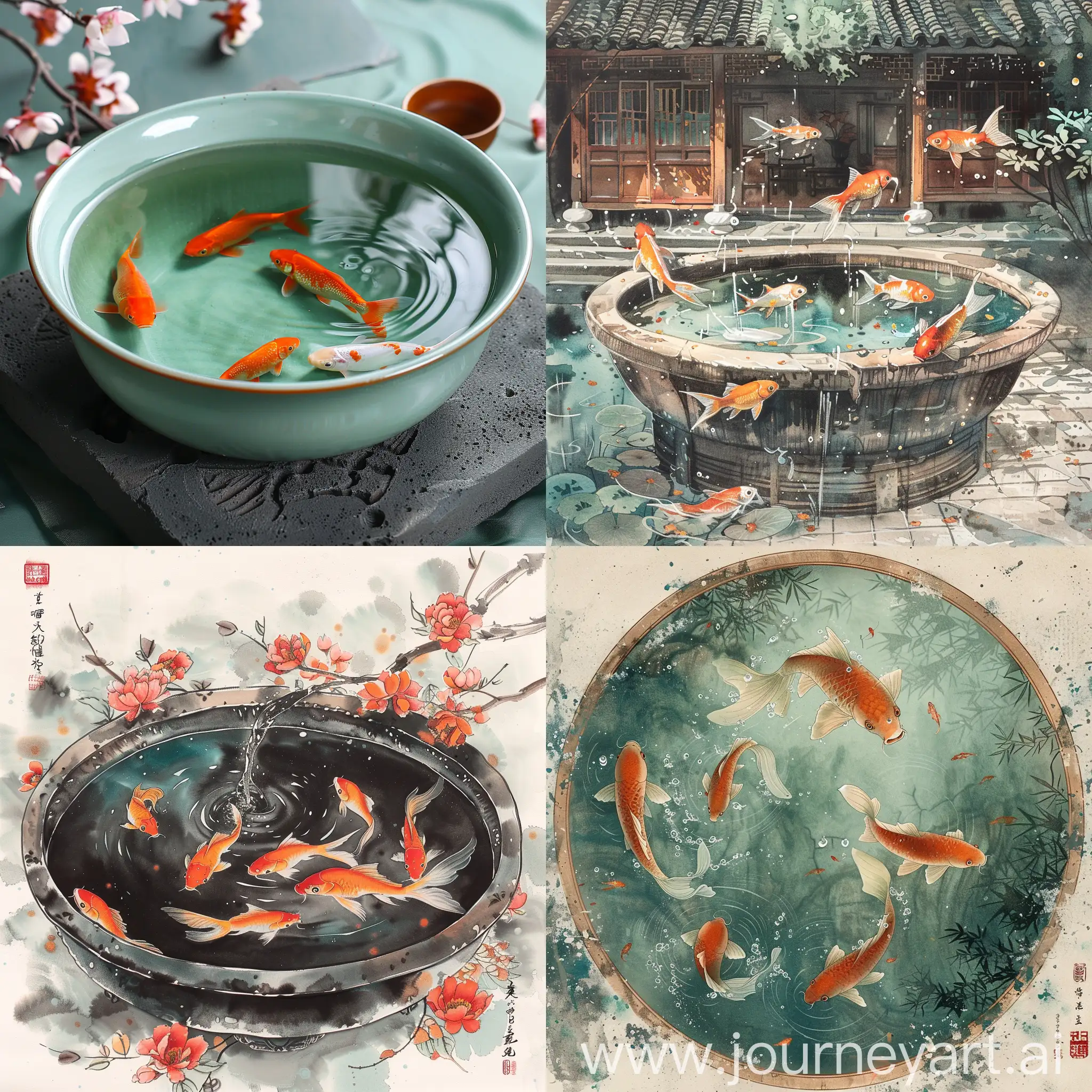 Chinese-Style-Village-with-Healing-Wafangxiashuigu-Lake-and-Goldfish-Splashing