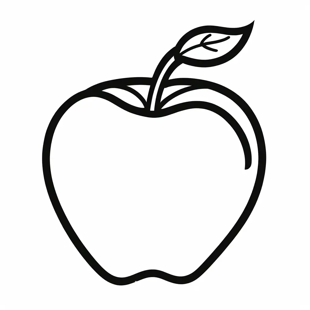 cartoon apple, Coloring Page, black and white, line art, white background, Simplicity, Ample White Space. The background of the coloring page is plain white to make it easy for young children to color within the lines. The outlines of all the subjects are easy to distinguish, making it simple for kids to color without too much difficulty