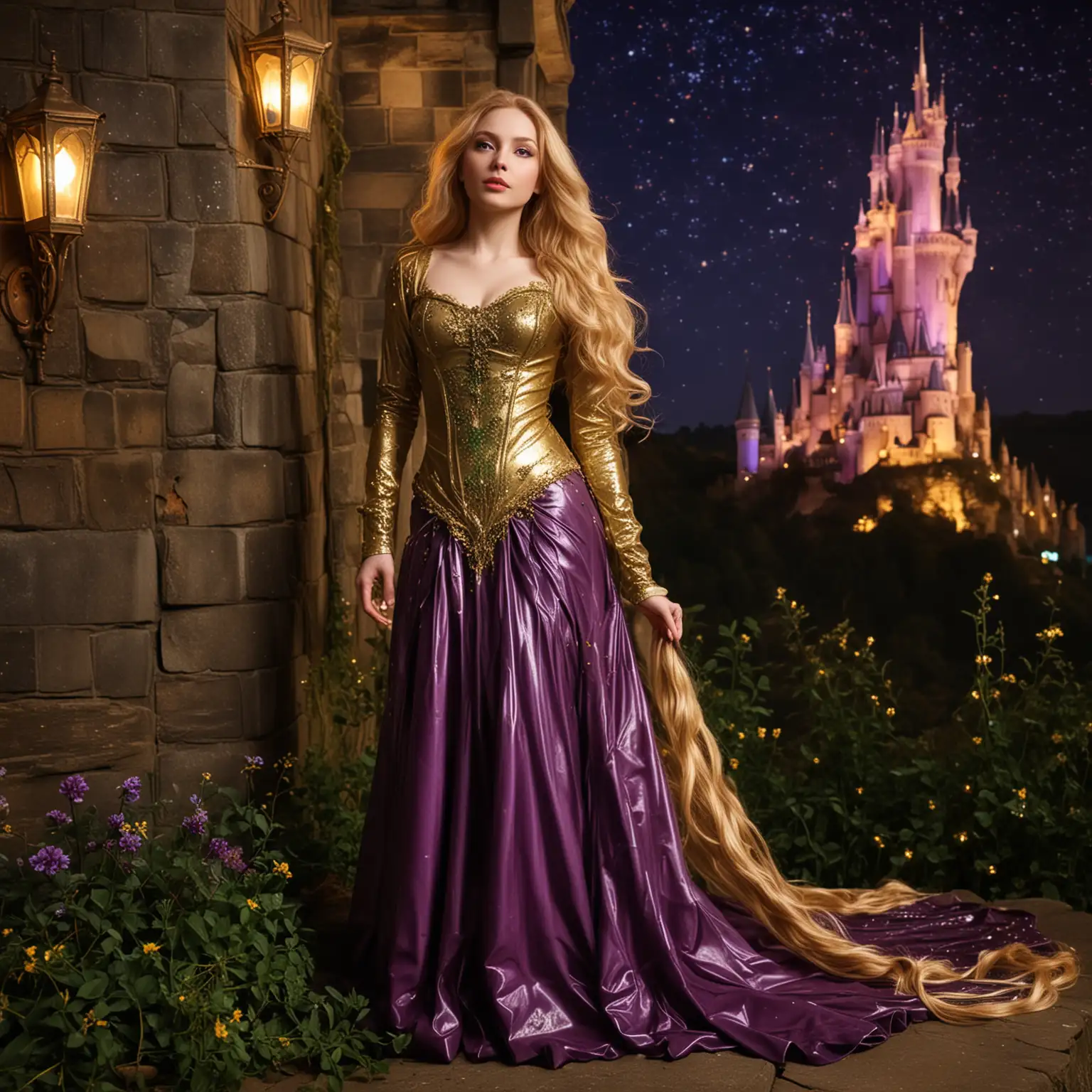 Rapunzel Inspired Latex Dress in Purple and Gold Tones with Tower Backdrop
