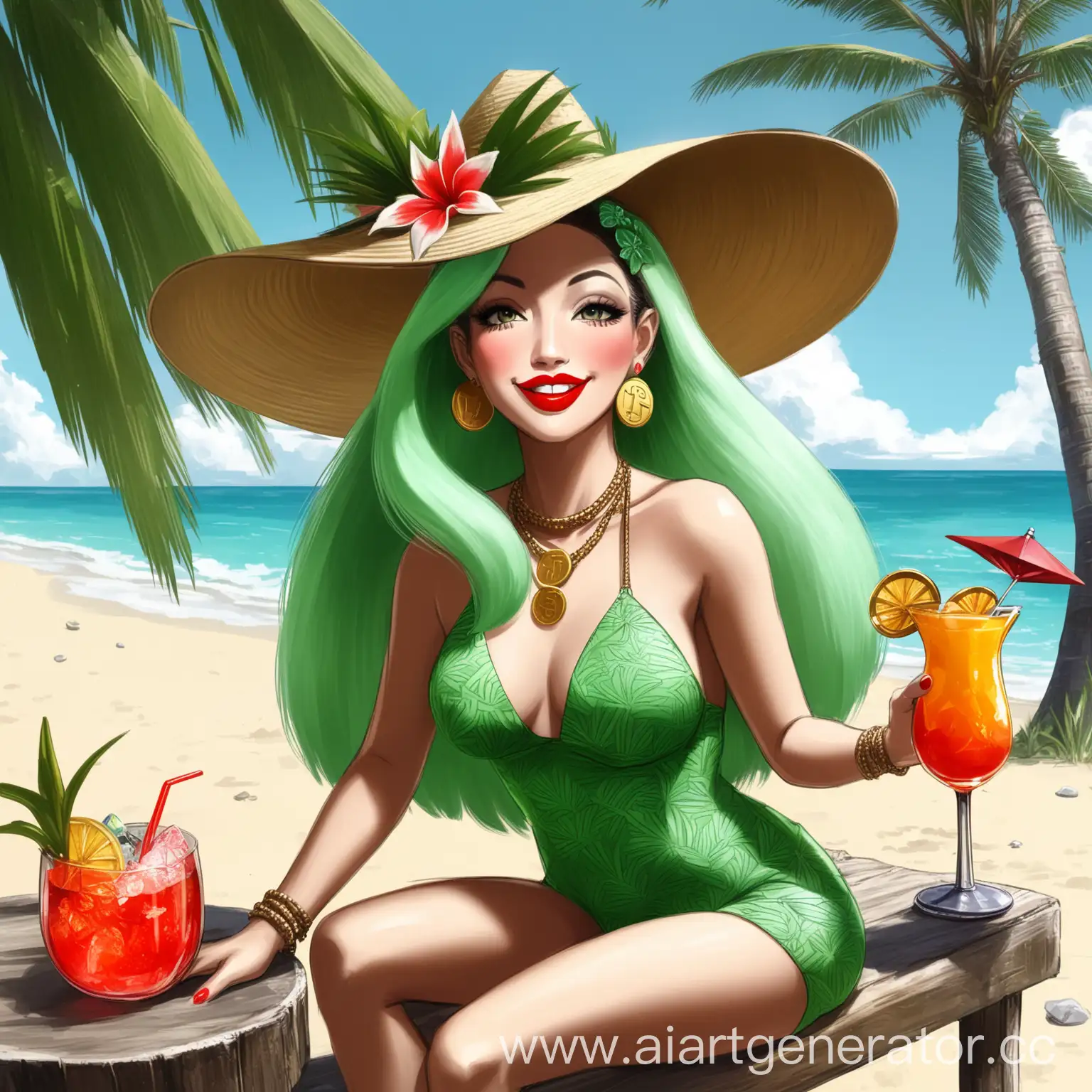 Meme coin Bali animal light green colored, with big red lips, sitting on the beach, in hat, under the palm, and drink cocktail looks like happy, 