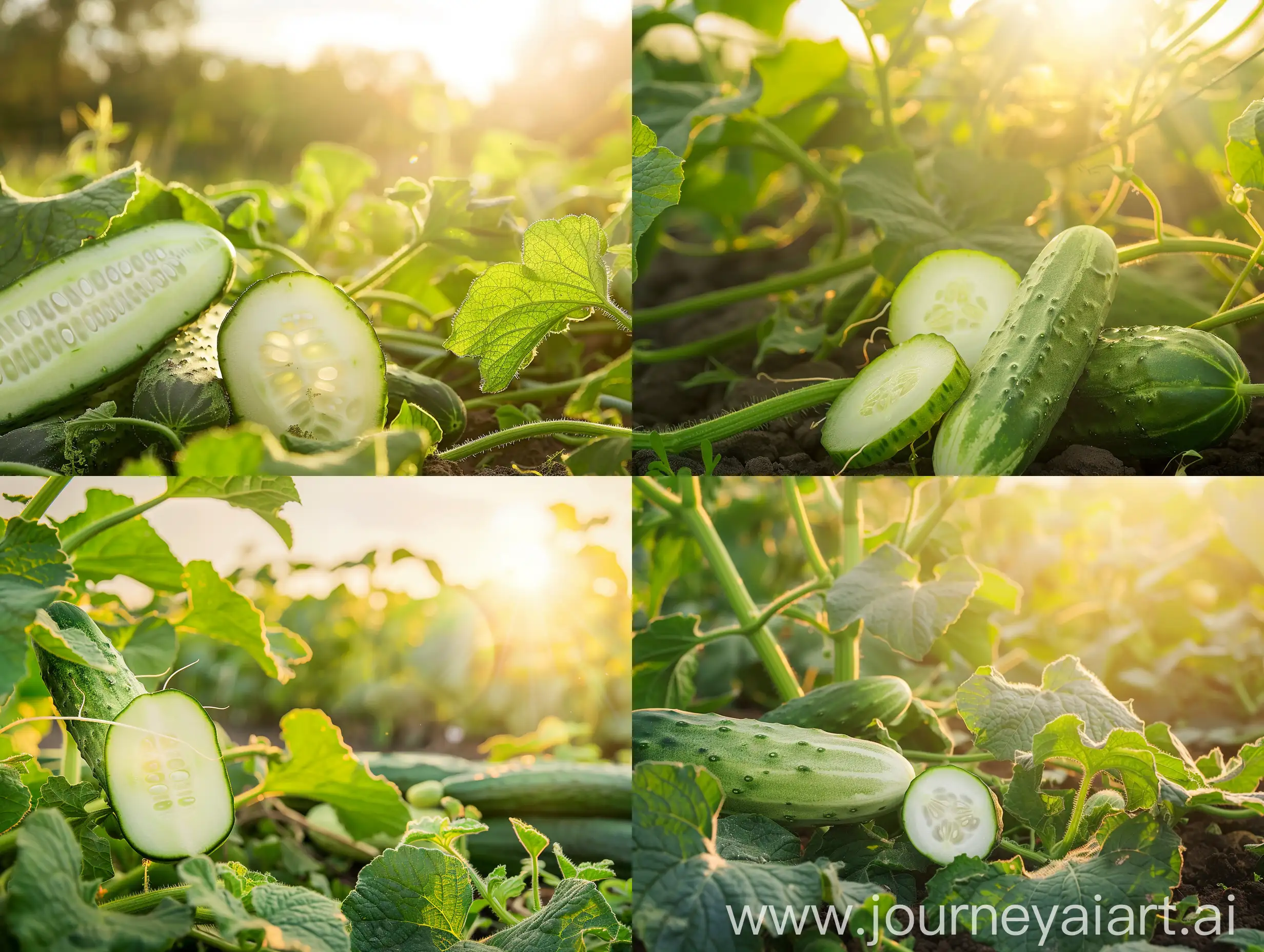 High detailed photo capturing a Cucumber, Burpless Beauty. The sun, casting a warm, golden glow, bathes the scene in a serene ambiance, illuminating the intricate details of each element. The composition centers on a Cucumber, Burpless Beauty. The super-productive vines yield loads of long, deep green cucumbers that stay crisp longer than any other weve tried. Pick and slice to reveal the pure white, firm flesh with an exceptionally small seed cavity. The thin-skinned cukes have the right balan. The image evokes a sense of tranquility and natural beauty, inviting viewers to immerse themselves in the splendor of the landscape. --ar 16:9 