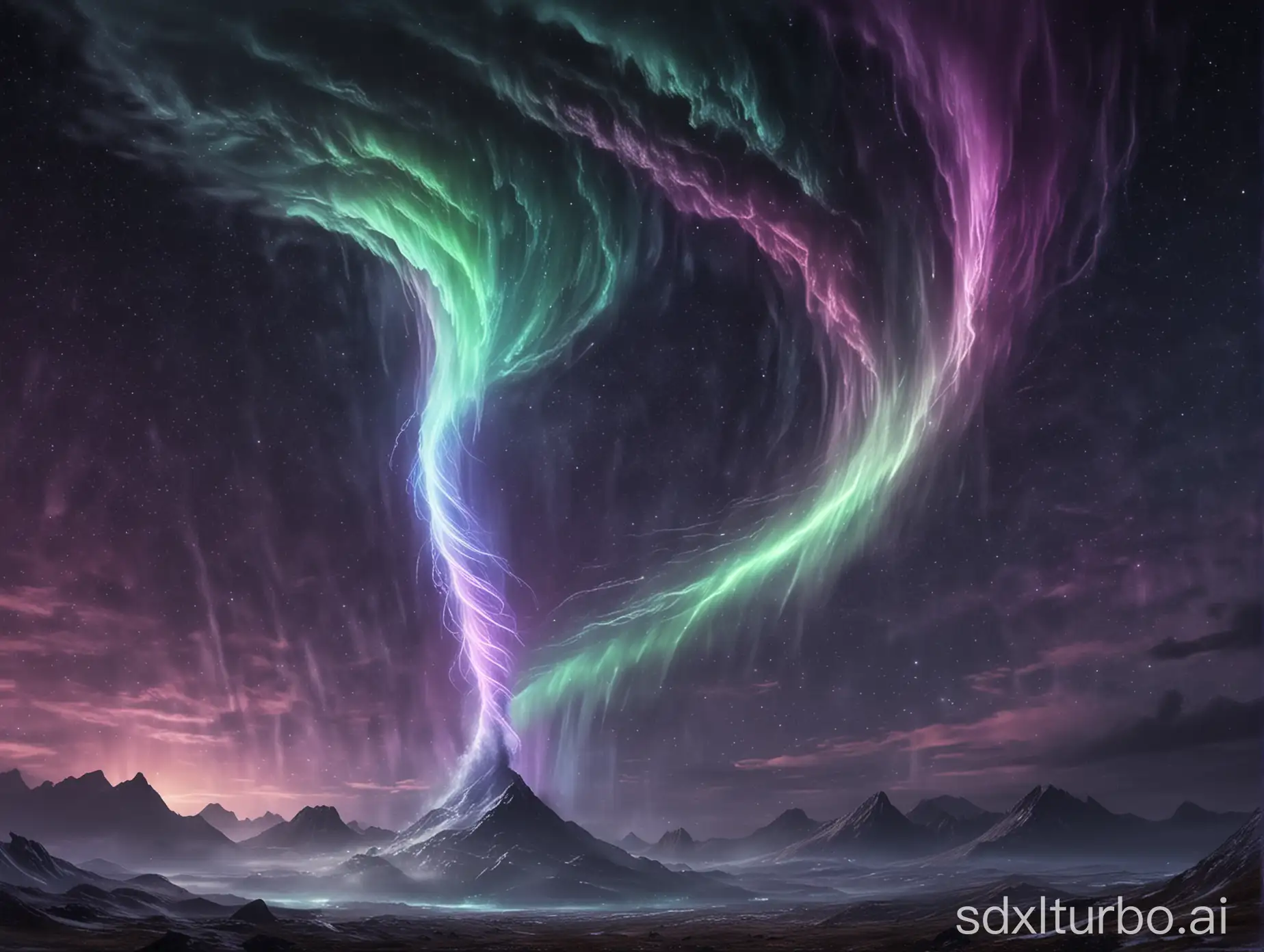 realistic, tornado made of magic aurora lights