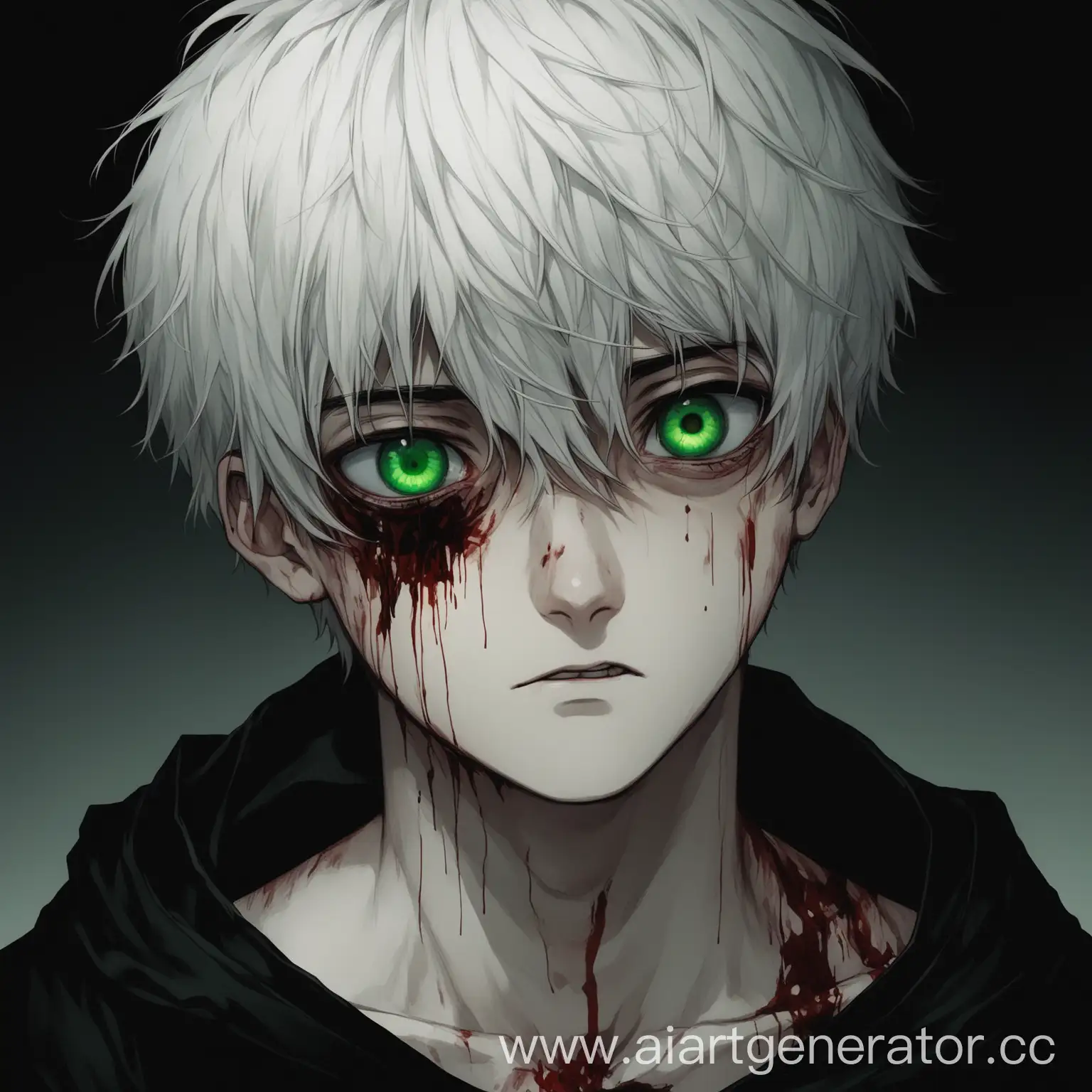 Белые короткие волосы, парень 20 лет, зеленые глаза, синяки под глазами, побитый много ран и крови