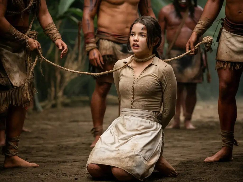 A busty captured woman (25 years old, 1800s, Texas) kneels on the ground in a jungle-tribal village in a dirty beige longsleeve buttoned shirtdress and dirty white apron, the womans hands tied behind her back, few tribal warriors stand around the woman, a tribal-woman holds her on a rope leash tied around her neck 