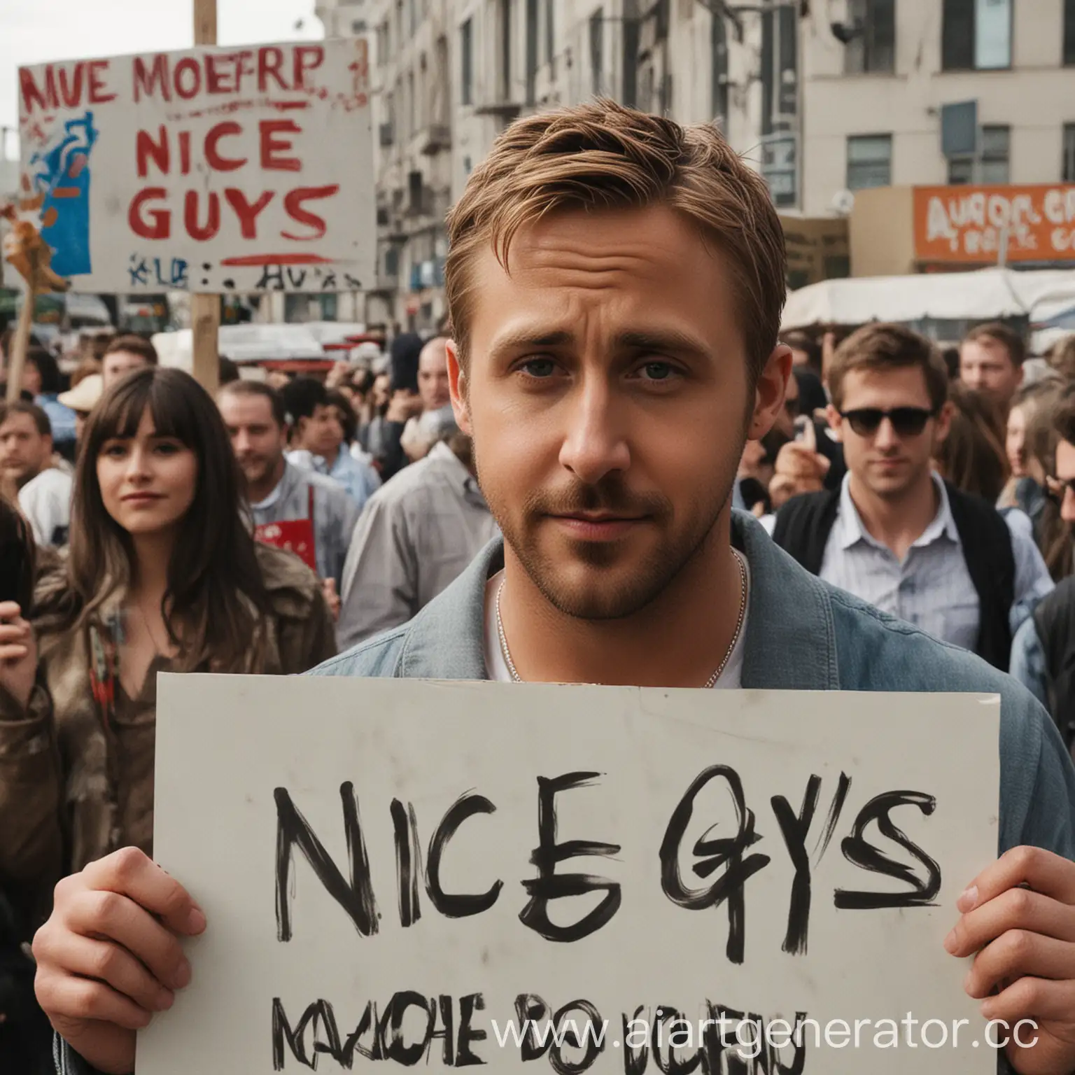 generate some pictures of Ryan Gosling holding a sign with the inscription in Russian "nice guys"