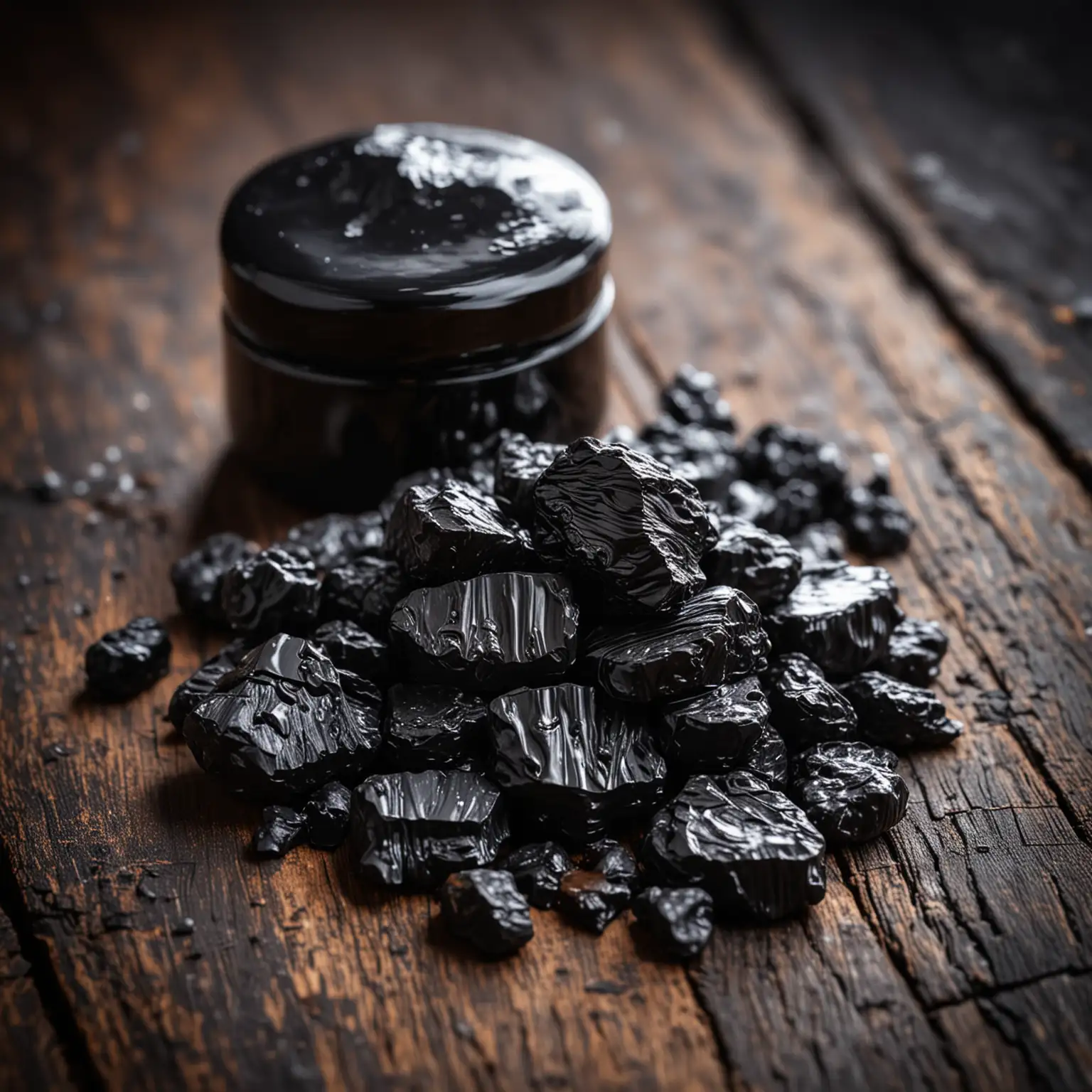 Shilajit in rock and resin form on dark wooden table with selective focus