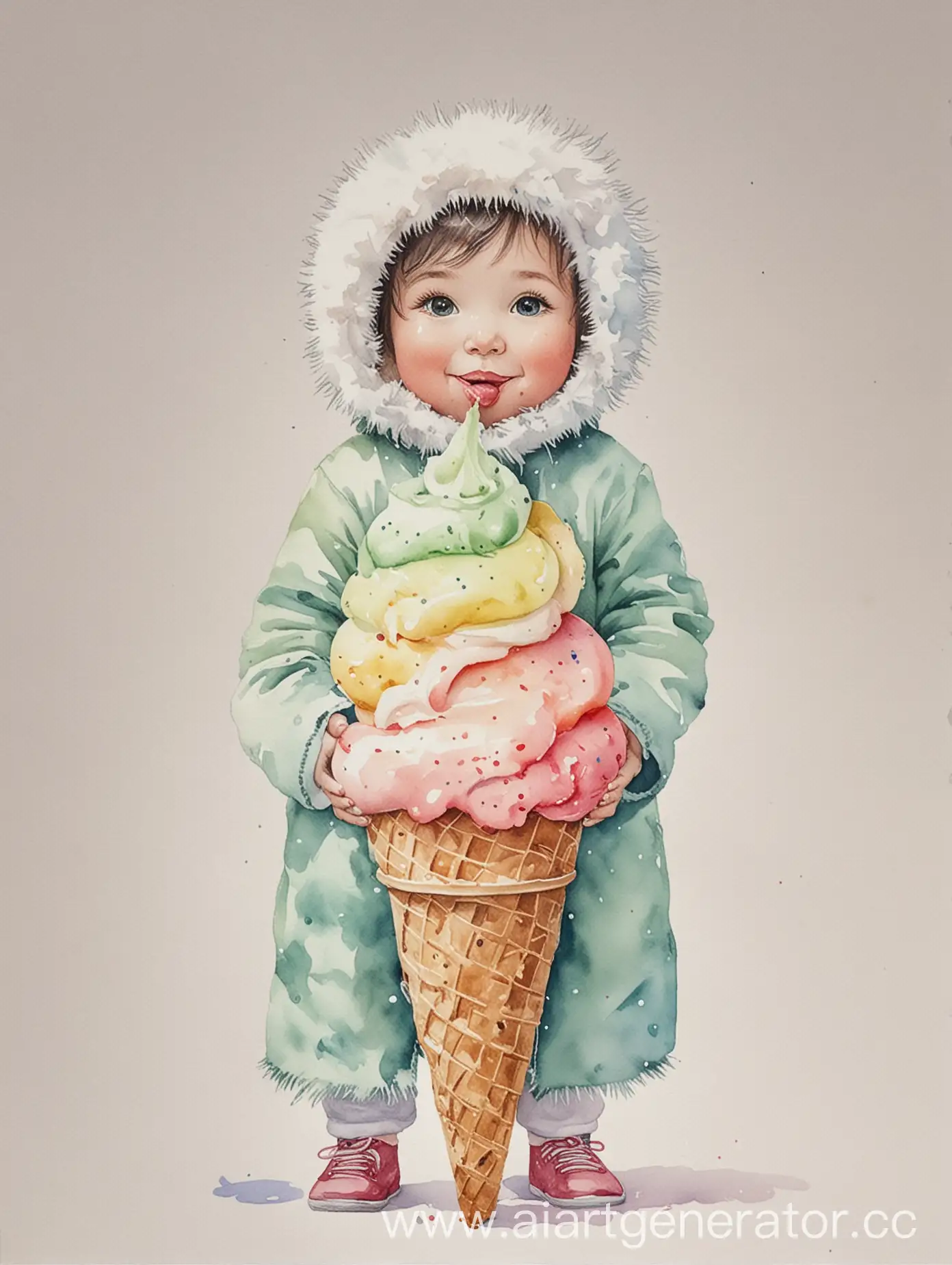 Colorful-Watercolor-Painting-of-an-Eskimo-Enjoying-Ice-Cream