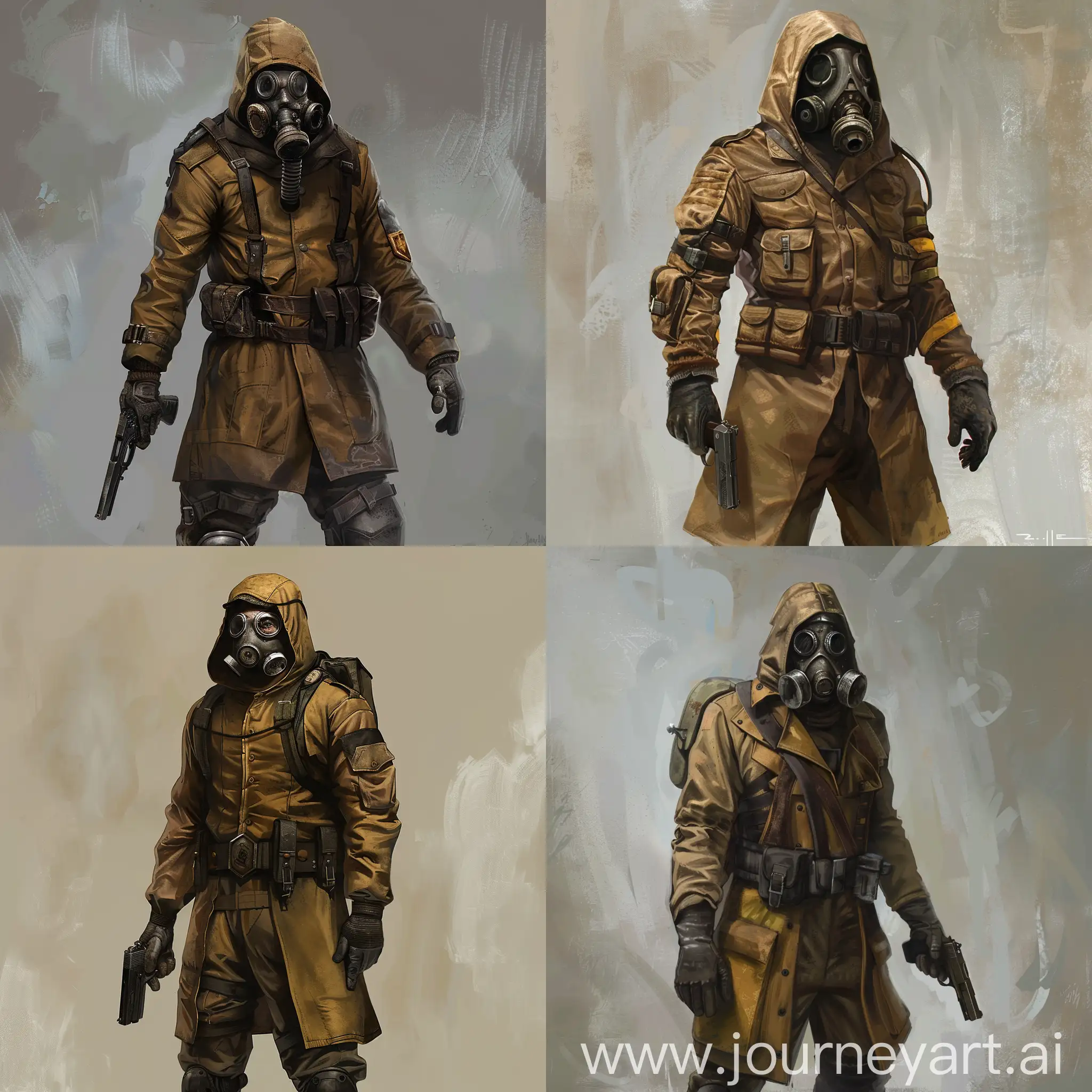 Concept art character newcomer stalker from game S.T.A.L.K.E.R. gasmask, brown uniform, gasmask, pistol in hand.