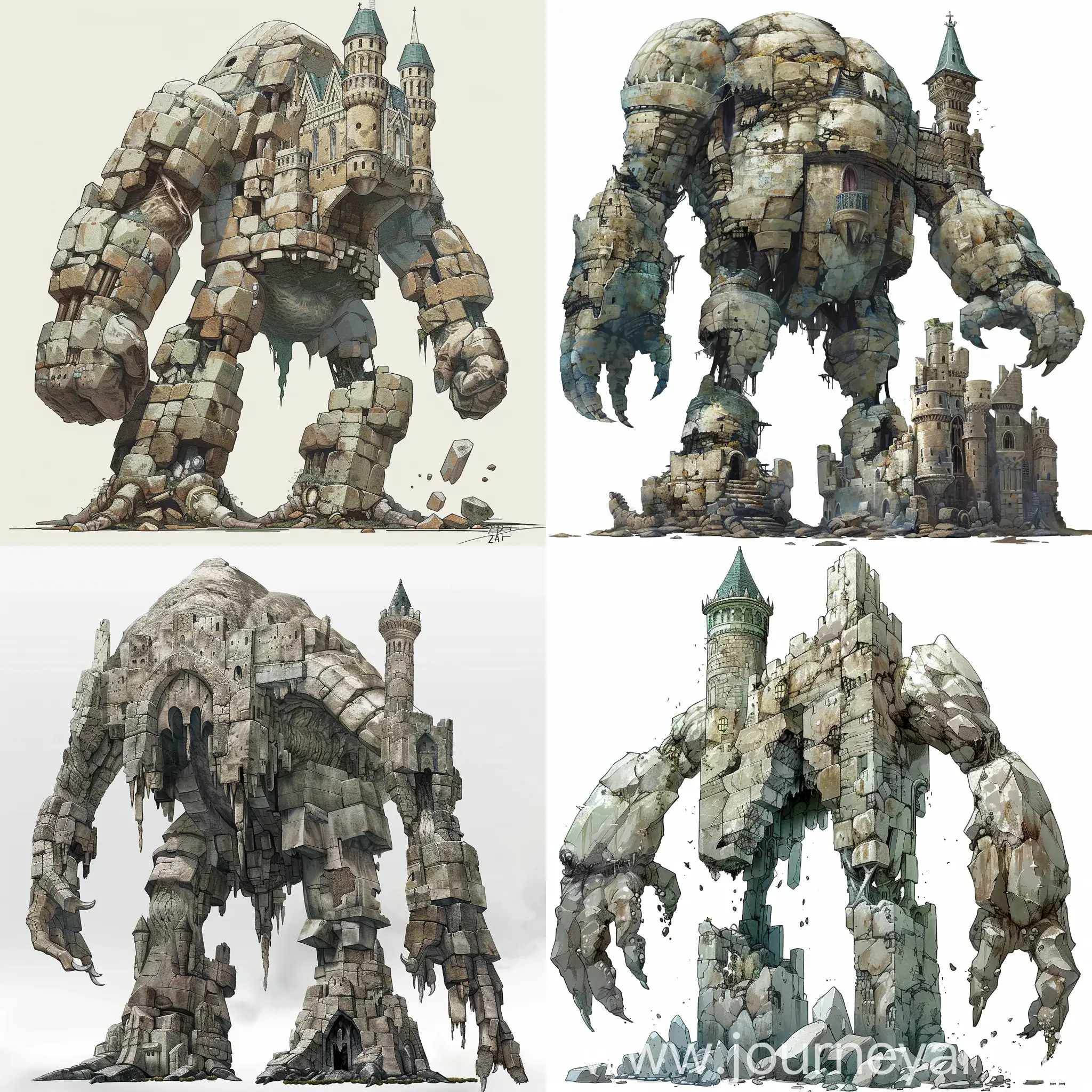 tall giant monster body without legs, body made out of large chunks of stone and large stone walls, large Gothic castle parts rarely spread throughout the body, gothic tower as head, "The legend of Zelda: Tears of The Kingdom" artstyle
