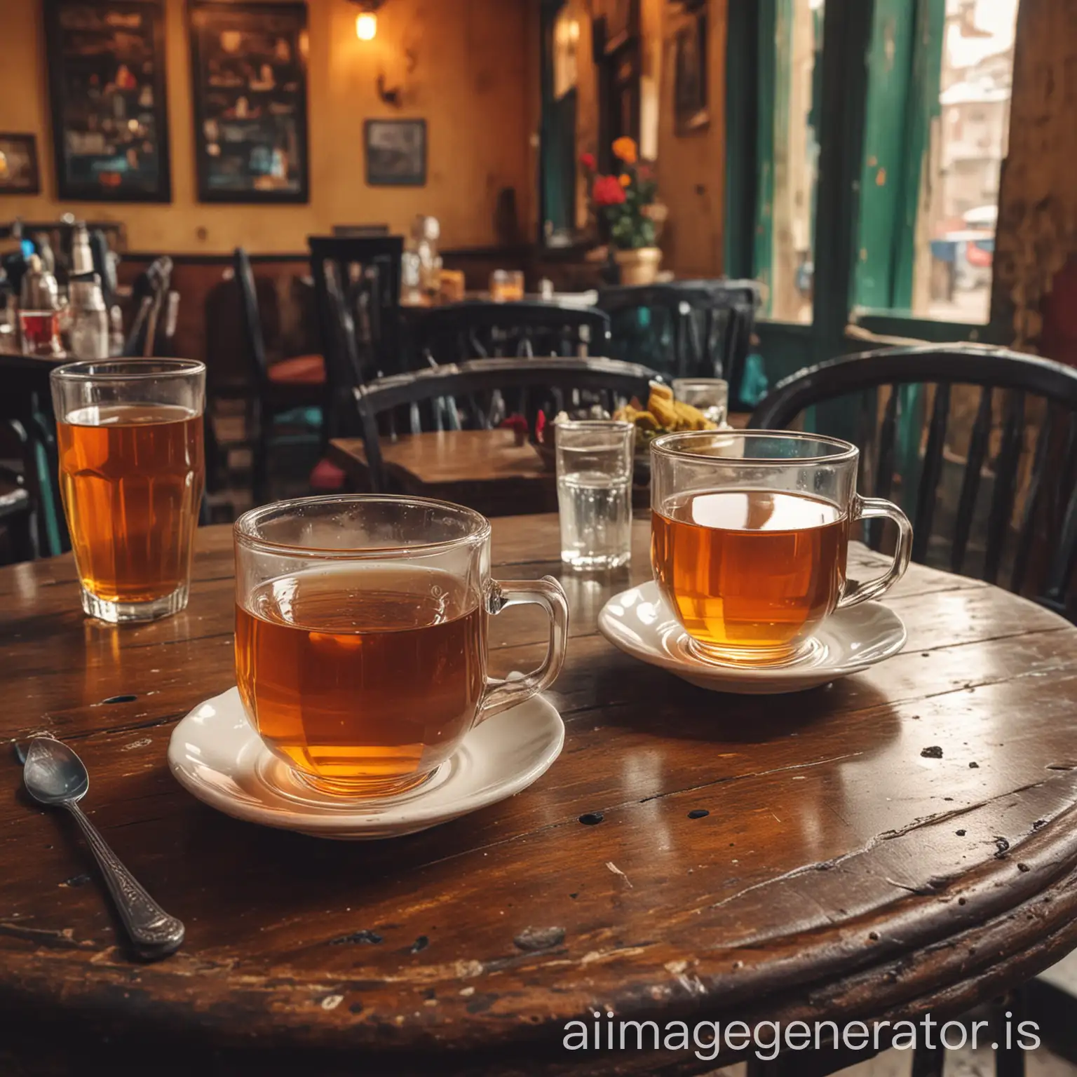 Vintage-Setting-Two-Glasses-of-Tea-on-an-Antique-Table-in-an-Authentic-Indian-Restaurant