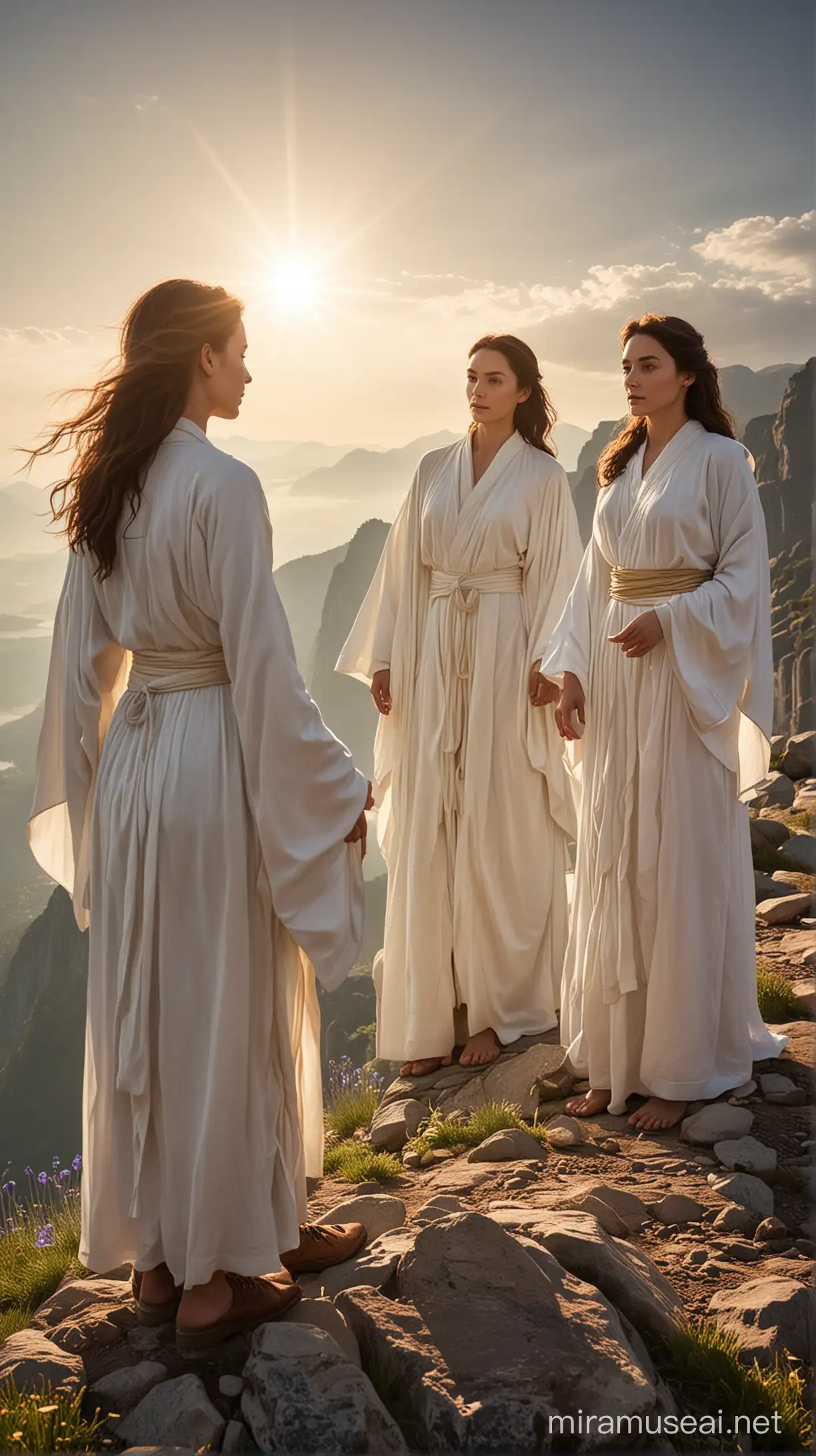 Image description:

Three people are standing on the top of a mountain, dressed in glowing white robes. Sunlight illuminates the scene, creating a divine and mystical atmosphere.

Technical settings:

Depth of field: Focus on the characters and blur the background to highlight them.
Focus: Focus on the characters' faces to highlight their expression and the shine of their robes.
ISO: Adjust to capture natural light without adding noise.
Iris Aperture: Select an aperture that allows the appropriate amount of light.
Exposure Time (Mt. F.): Adjust to capture the light surrounding motionless characters.
Atmosphere and tone:

The scene is serene and transcendental, with warm tones that highlight the feeling of peace and spiritual elevation. Sunlight enhances the natural colors of the mountain, creating a contrast between the earthly and the divine.