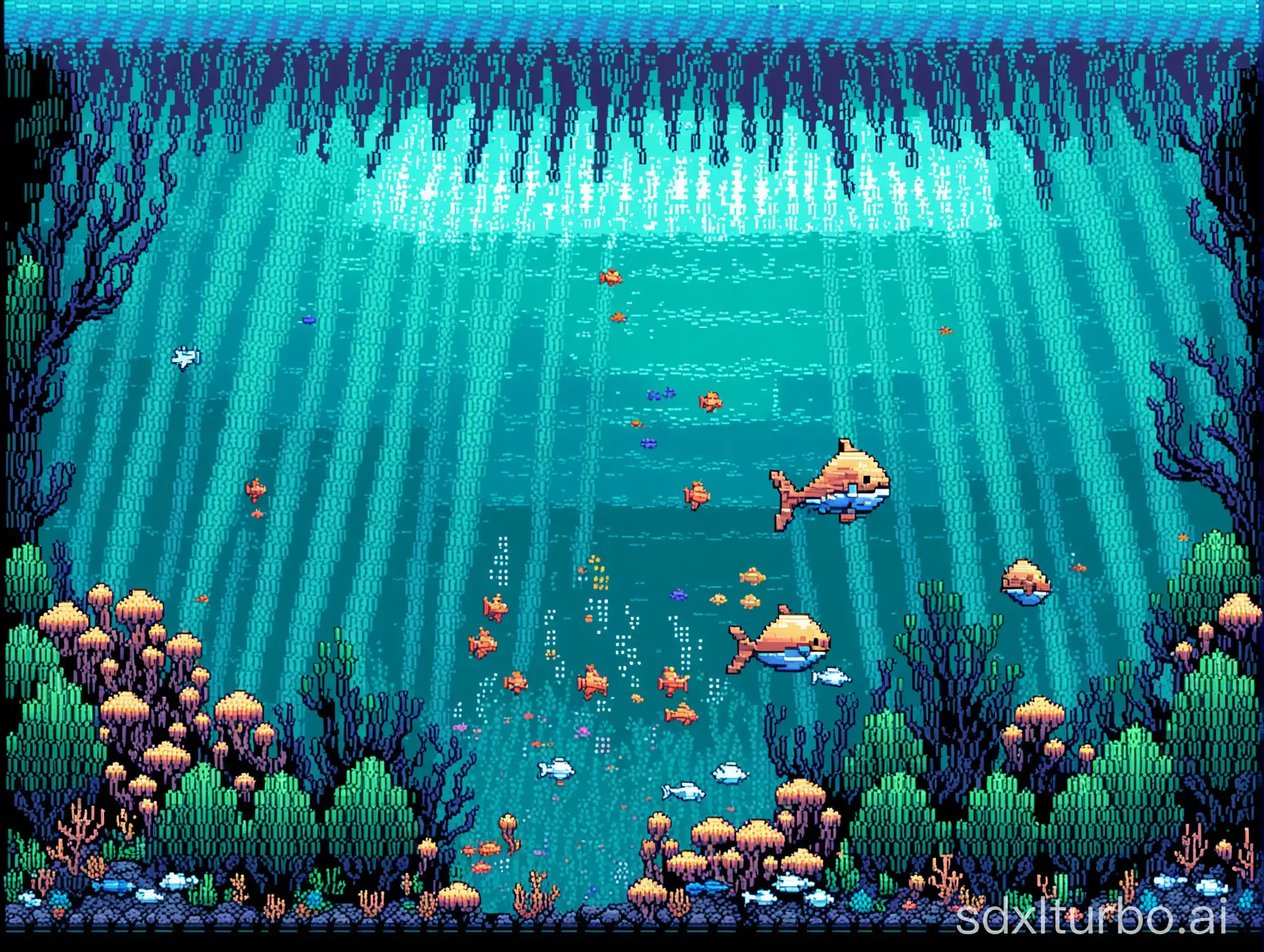 Underwater pixel art scene