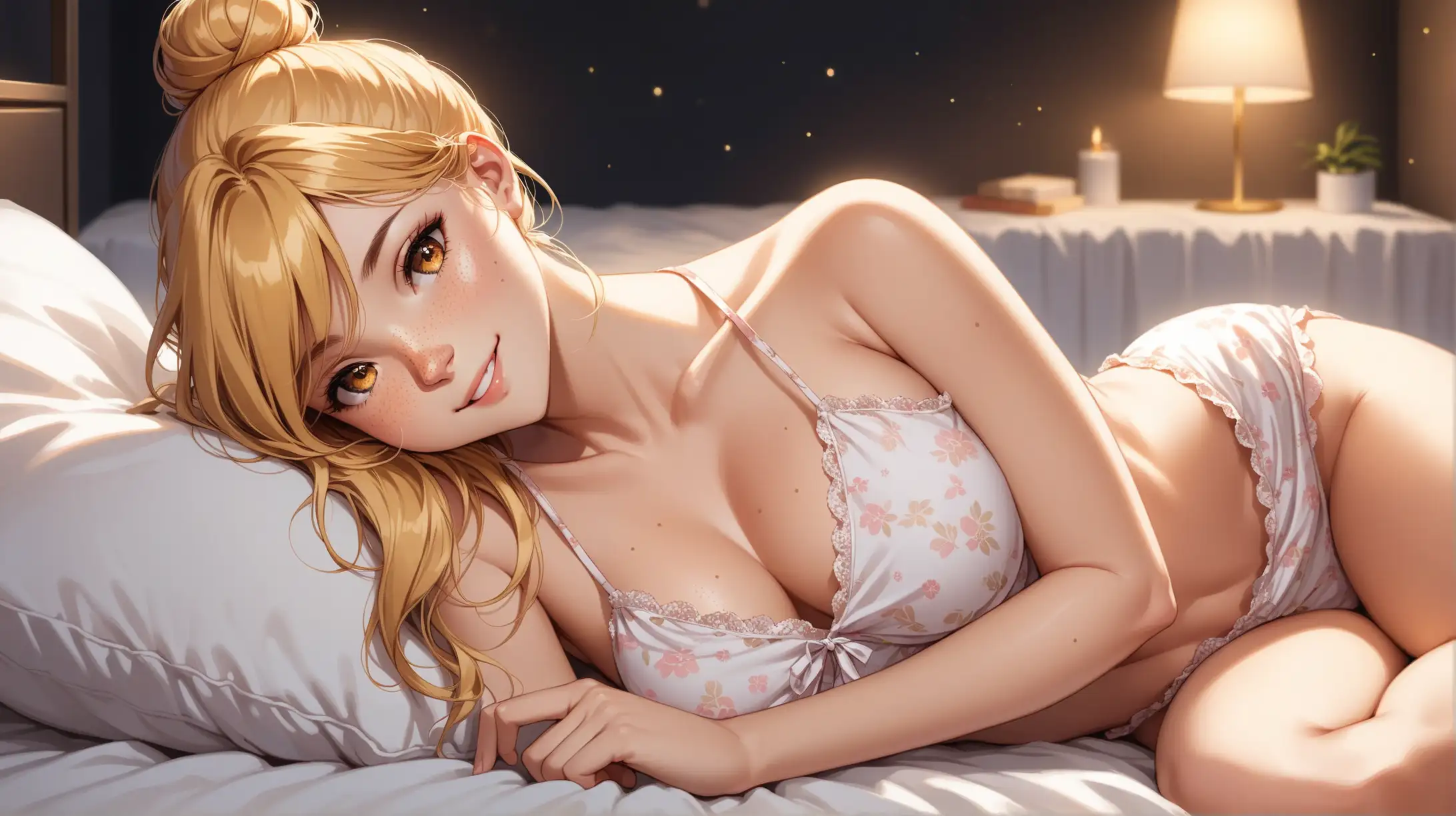 Draw a young woman, long blonde hair in a bun, gold eyes, freckles, perky figure,
sleepwear, high quality, long shot, laying on back, indoors, bedroom, seductive pose, dark lighting, smiling at the viewer