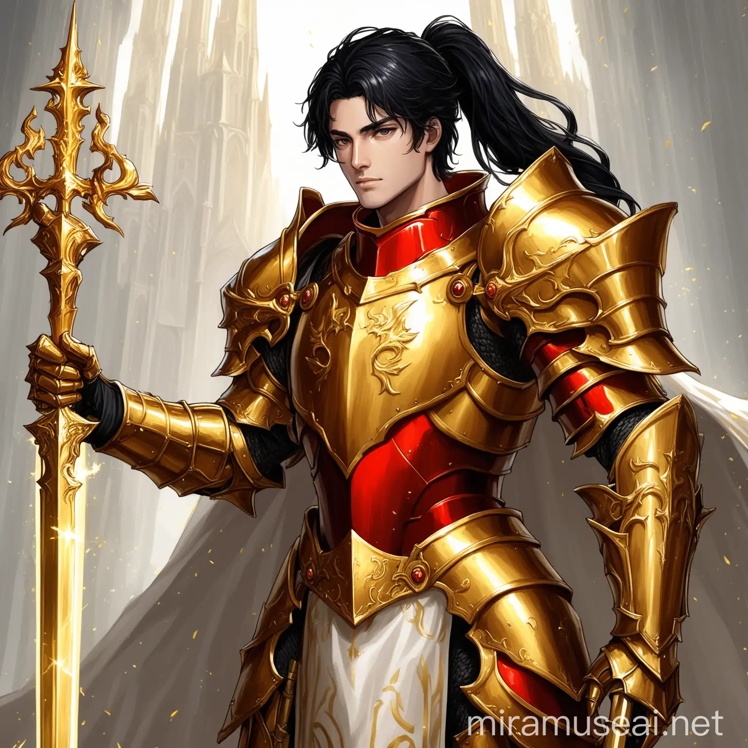 A paladin with a black hair ponytail, and sword in his right hand and a golden scepter in is left hand, a red and gold armor, 