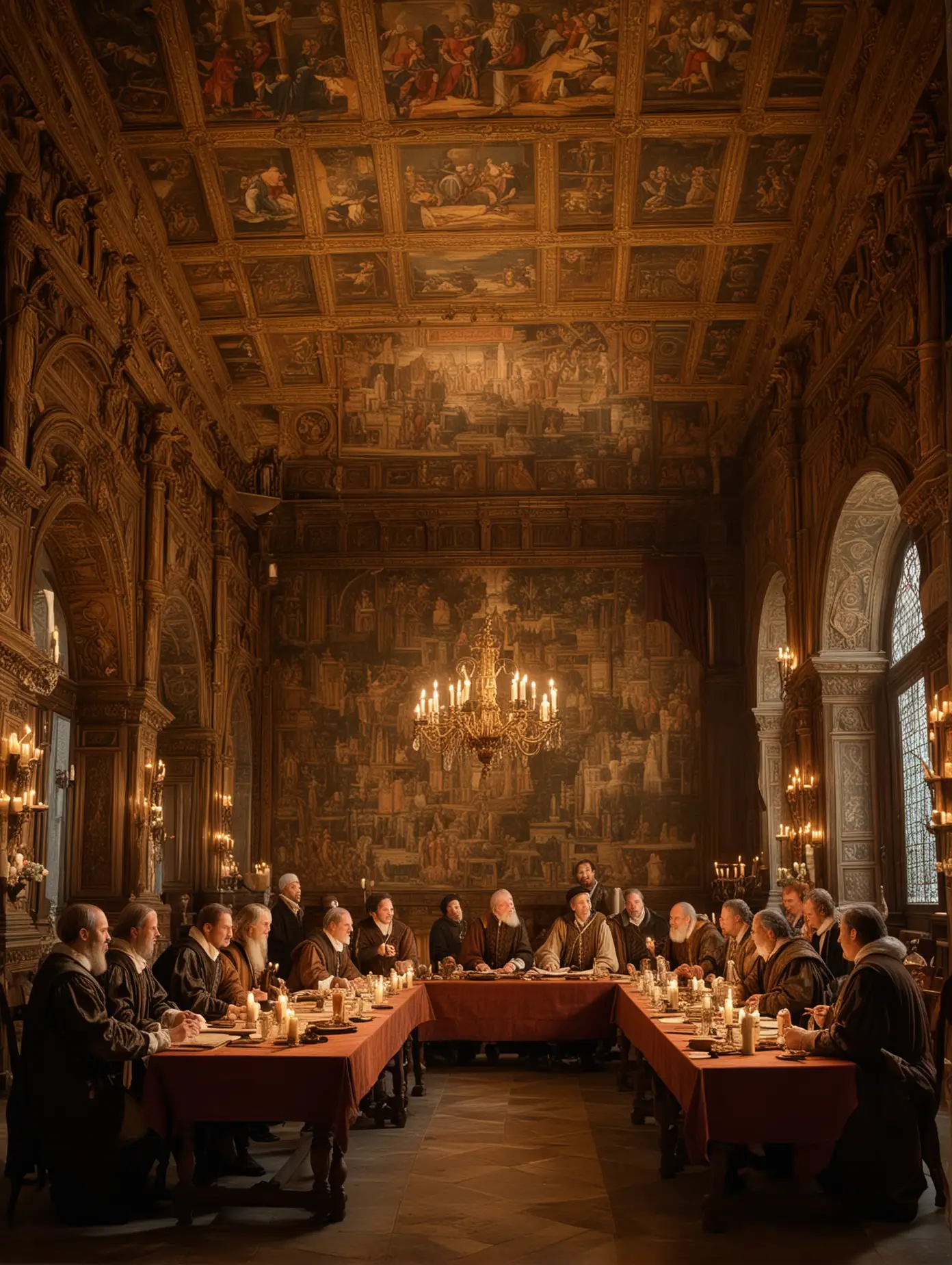 A dramatic scene depicting a group of historical figures from the Renaissance period, gathered in a grand hall. They are engaged in a lively discussion around a large, ornate table covered with maps and scrolls. The room is lit by candlelight, with detailed tapestries and rich wooden paneling. The overall mood is intellectual and intense.