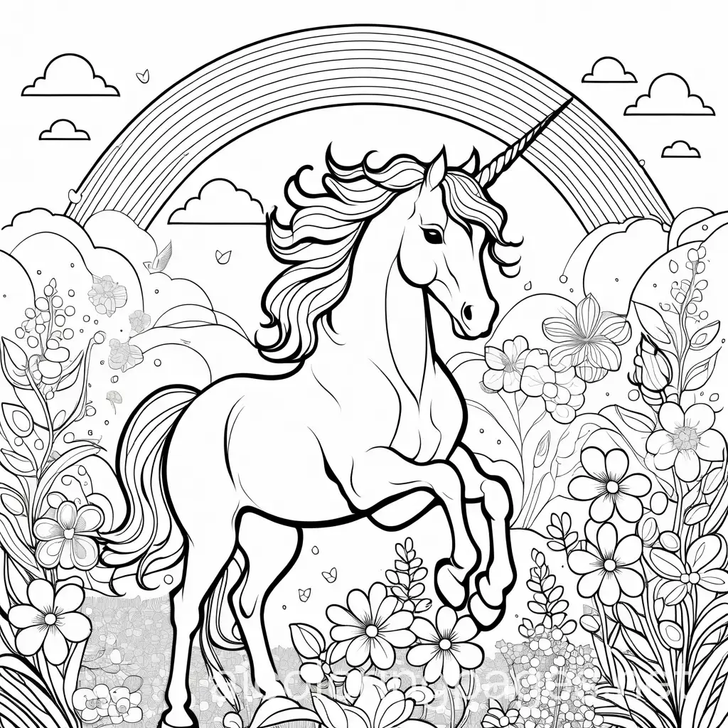 flowers, rainbows, and unicorns, Coloring Page, black and white, line art, white background, Simplicity, Ample White Space. The background of the coloring page is plain white to make it easy for young children to color within the lines. The outlines of all the subjects are easy to distinguish, making it simple for kids to color without too much difficulty