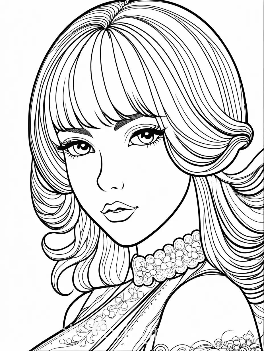Lolita Woman with white hair and white lips front view , Coloring Page, black and white, line art, white background, Simplicity, Ample White Space. The background of the coloring page is plain white to make it easy for young children to color within the lines. The outlines of all the subjects are easy to distinguish, making it simple for kids to color without too much difficulty