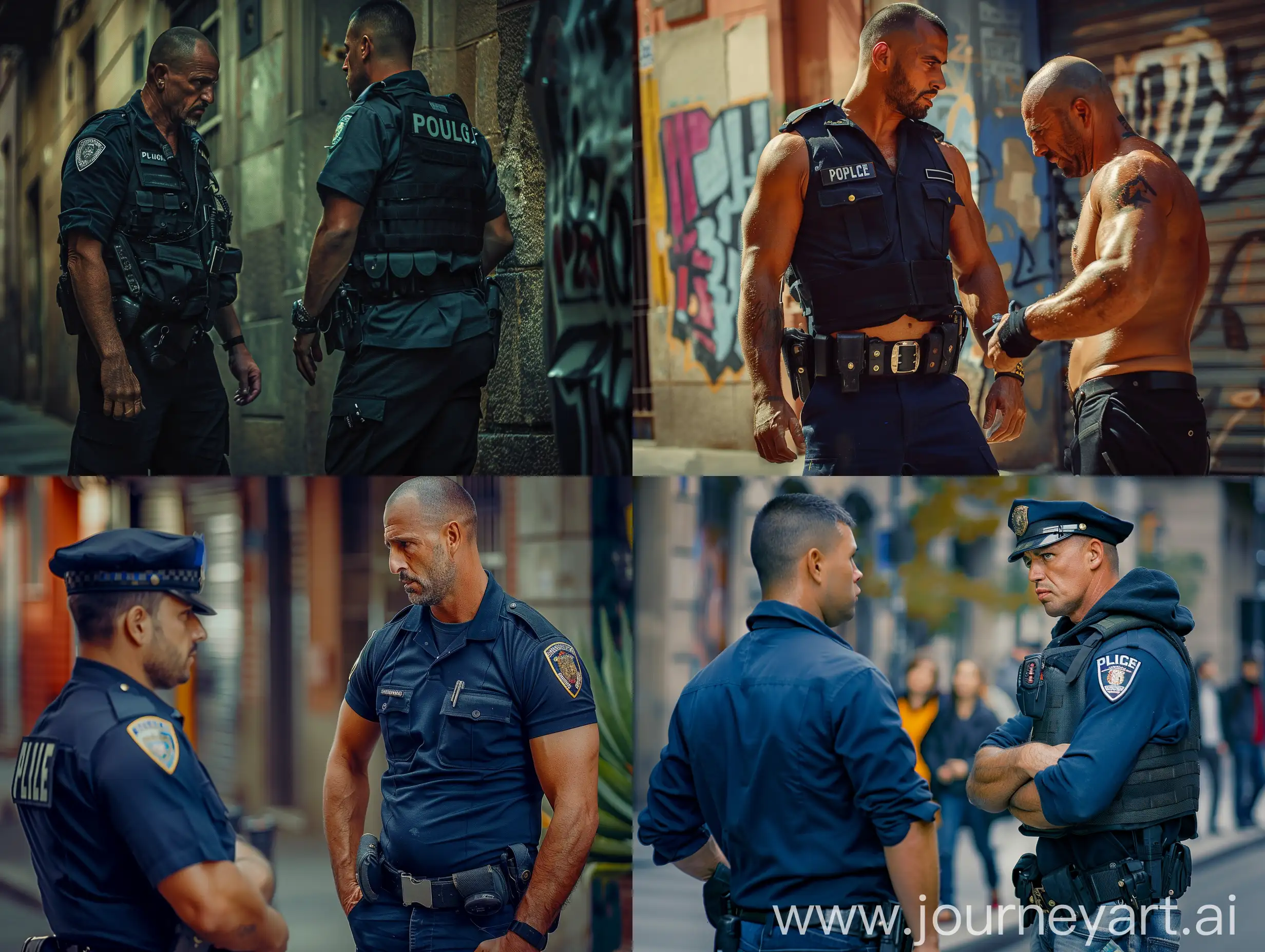 A muscular spanish policeman is detaining a foolish thief in Barcelona, shot on Canon, detailed
