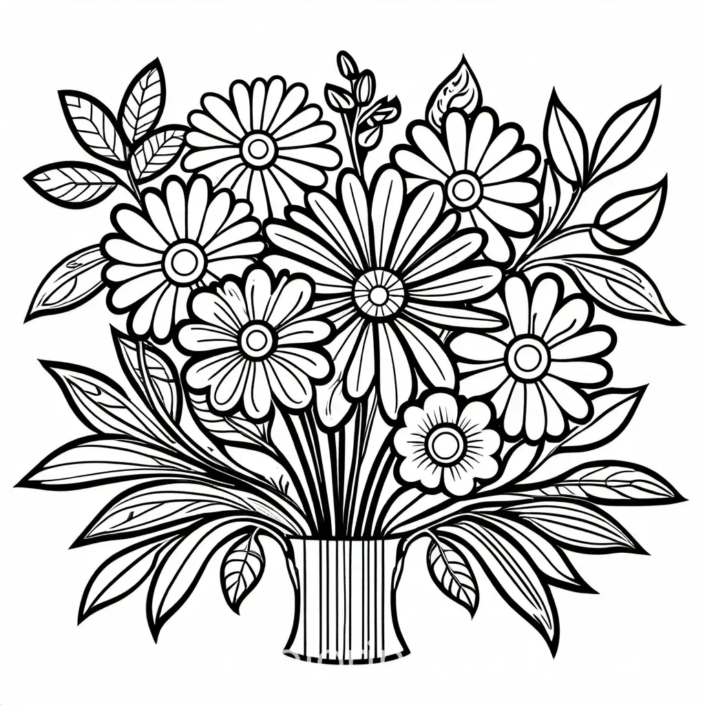 coloring book bouquet de flowers fine outline white background, Coloring Page, black and white, line art, white background, Simplicity, Ample White Space. The background of the coloring page is plain white to make it easy for young children to color within the lines. The outlines of all the subjects are easy to distinguish, making it simple for kids to color without too much difficulty