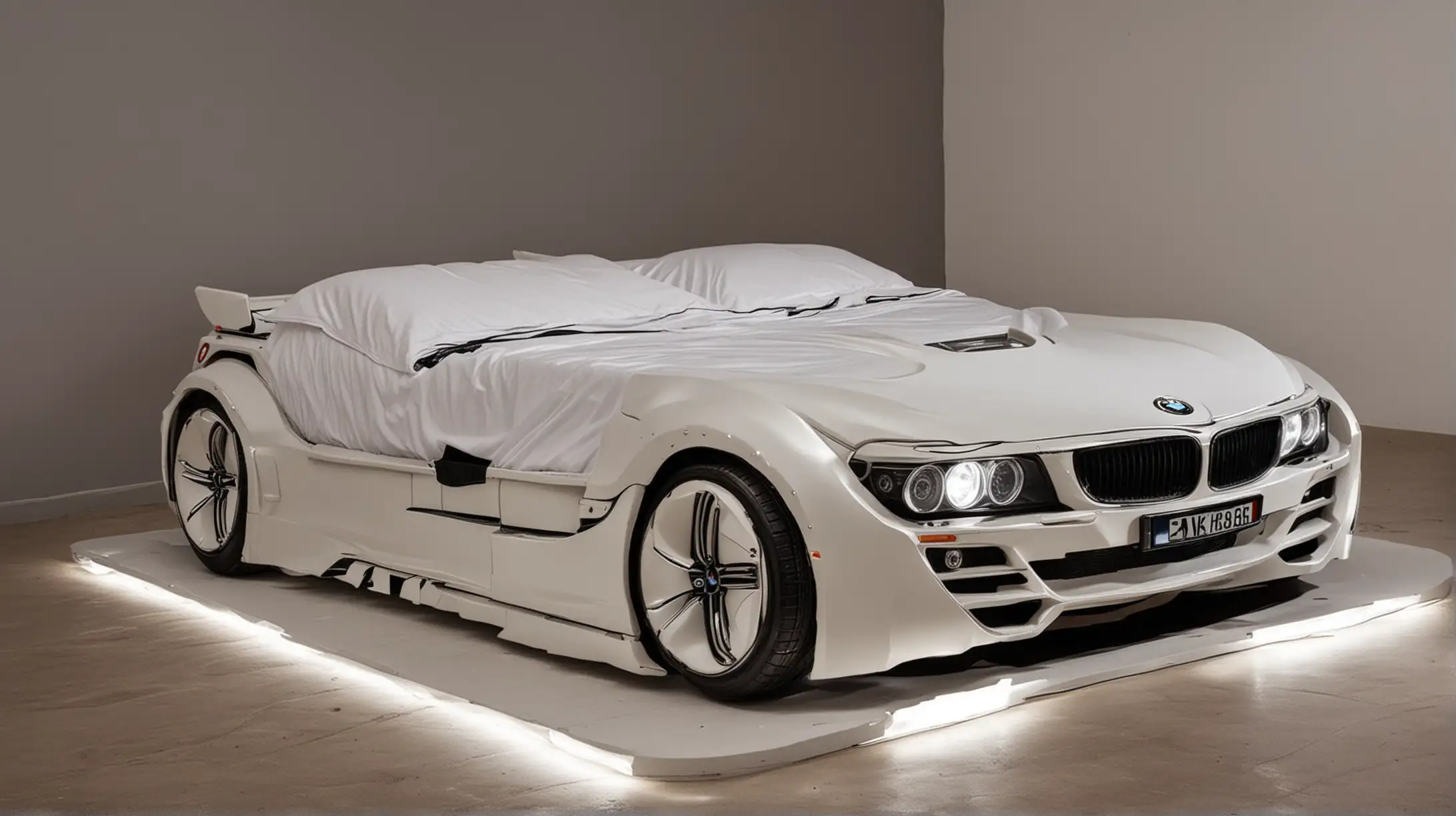 Luxury Double Bed Shaped like a BMW Car with Illuminated Headlights