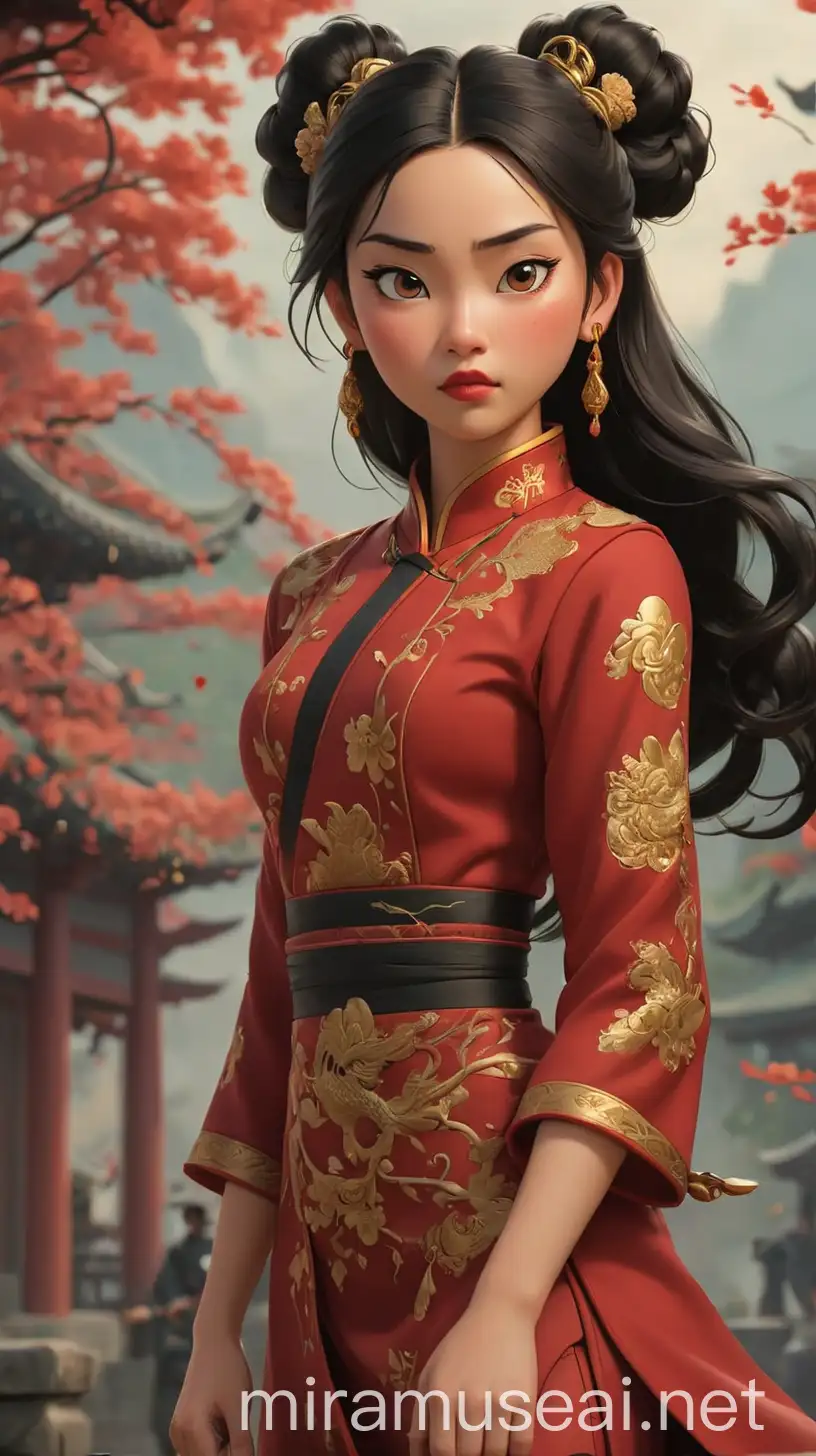 A fierce and determined young woman, inheriting the bravery and strength of both her parents, Fa Mulan and Li Shang. She has a slender yet athletic build, with graceful movements that reflect her martial arts training. Linnea's hair is sleek and black, cascading down her back in glossy waves, adorned with red and golden tinsels woven into intricate braids that frame her face. Her eyes are a deep, intense brown, reflecting her inner fire and determination. Her outfit blends elements of 2020s Asian baby girl, new Chinese style, and femme fatale aesthetics, with traditional Chinese influences woven throughout. She wears a stunning lucky red qipao adorned with intricate gold dragon embroidery details, symbolizing power, strength, and good fortune. The qipao hugs her curves in all the right places, accentuating her figure and adding a touch of allure to her ensemble. She pairs the qipao with a mélange green hand fan, adding a pop of color and elegance to her look. The fan is adorned with delicate floral patterns and gold accents, reflecting her appreciation for beauty and tradition. On her feet, she wears sleek black platform sandals, adding height and confidence to her stride. In her hair, The Girl wears two space buns adorned with gold hairpins shaped like dragons and cherry blossoms, adding a touch of whimsy and sophistication to her hairstyle. The Girl’s makeup is bold and dramatic, with winged eyeliner, deep red lips, and a hint of gold eyeshadow to accentuate her features and add a touch of glamour to her look. Overall, The Girl exudes an aura of strength, beauty, and grace, blending elements of tradition, modernity, and femininity in her captivating fashion choices. 