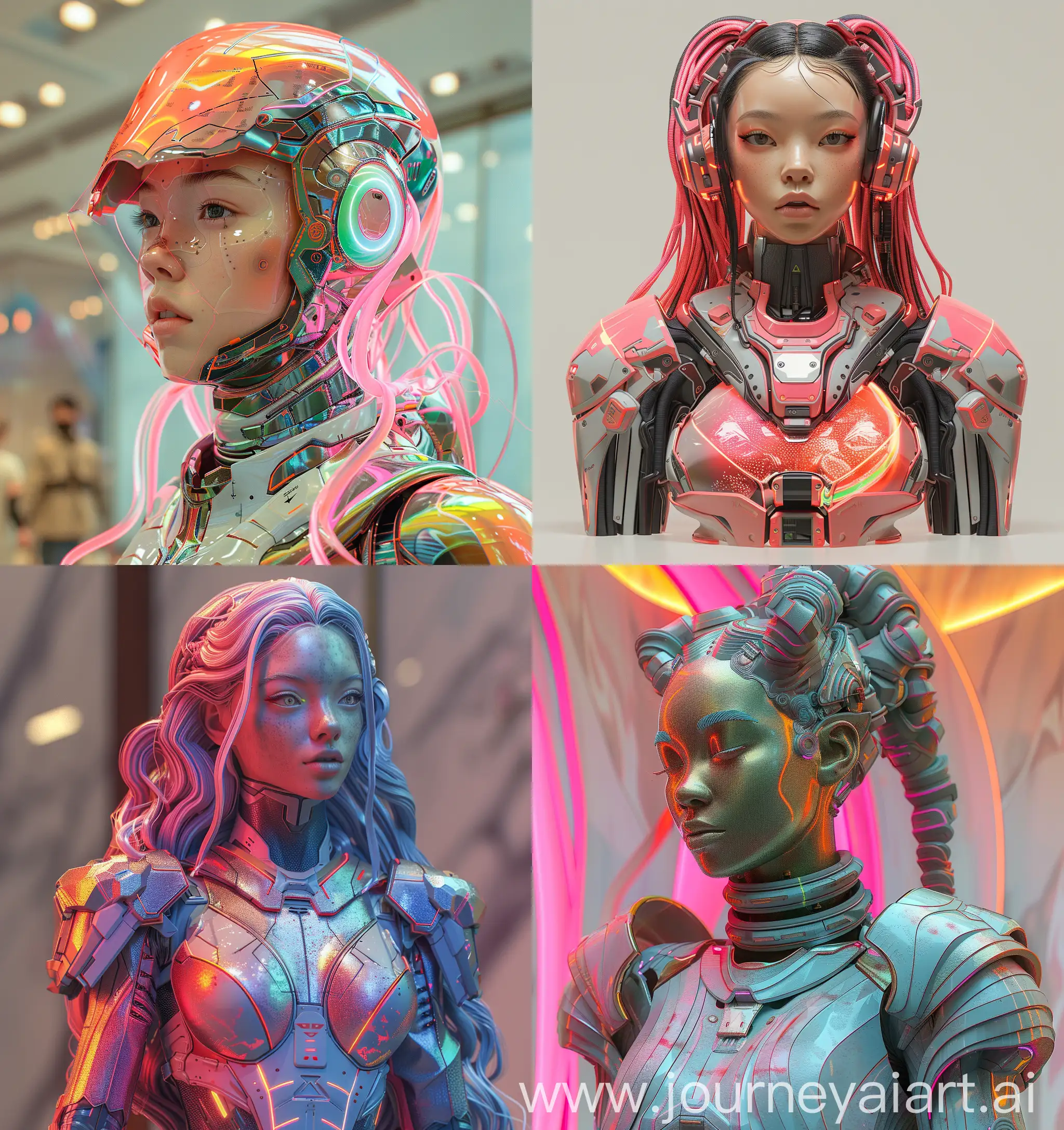Cyberpunk mecha character bust, female, enigmatic, 3D realism, neon pink waves, holographic armor, high-energy, Azuki style with vibrant hues and exaggerated details, bust focus --s 750 --c 3 --ar 120:127