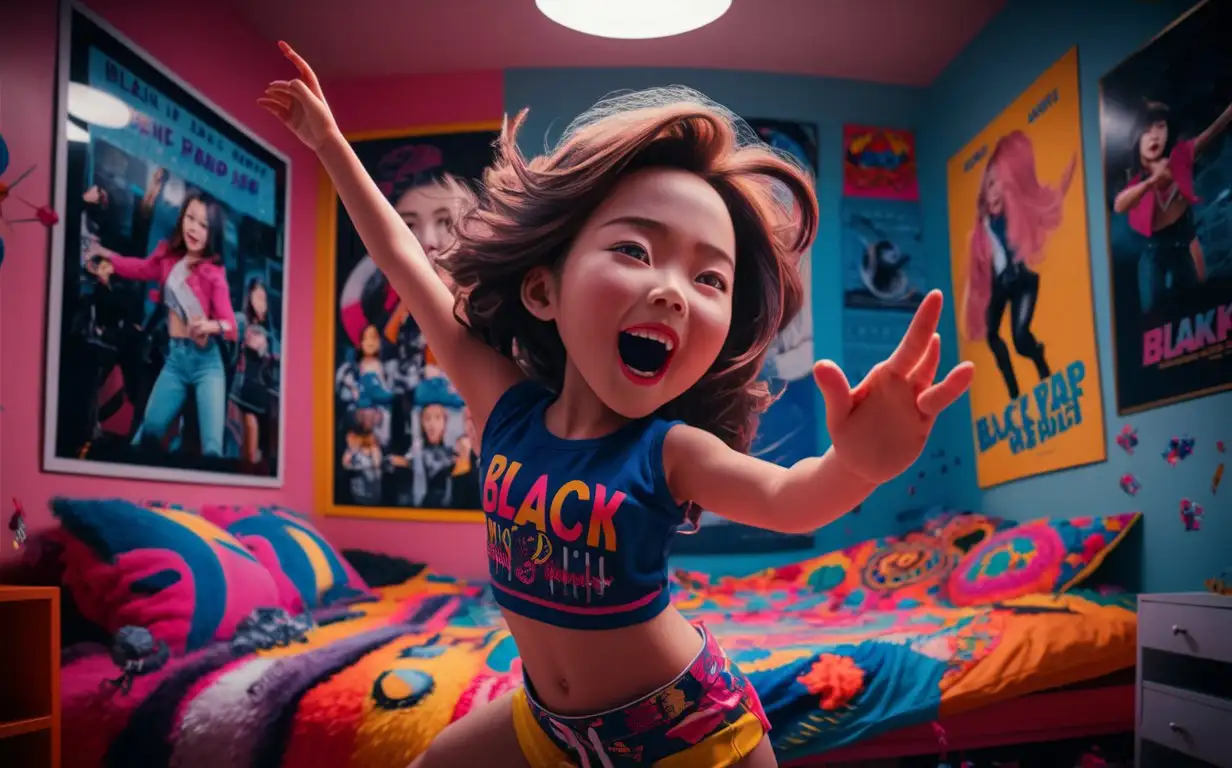 Generate a 8 year old girl, fan of K Pop, Black pink, singing, dancing, in bedroom, Posters,  excitement, joy, vibrant colors, energetic, dynamic, realistic, 4K, RAW photo, highly detailed photo, sharp details