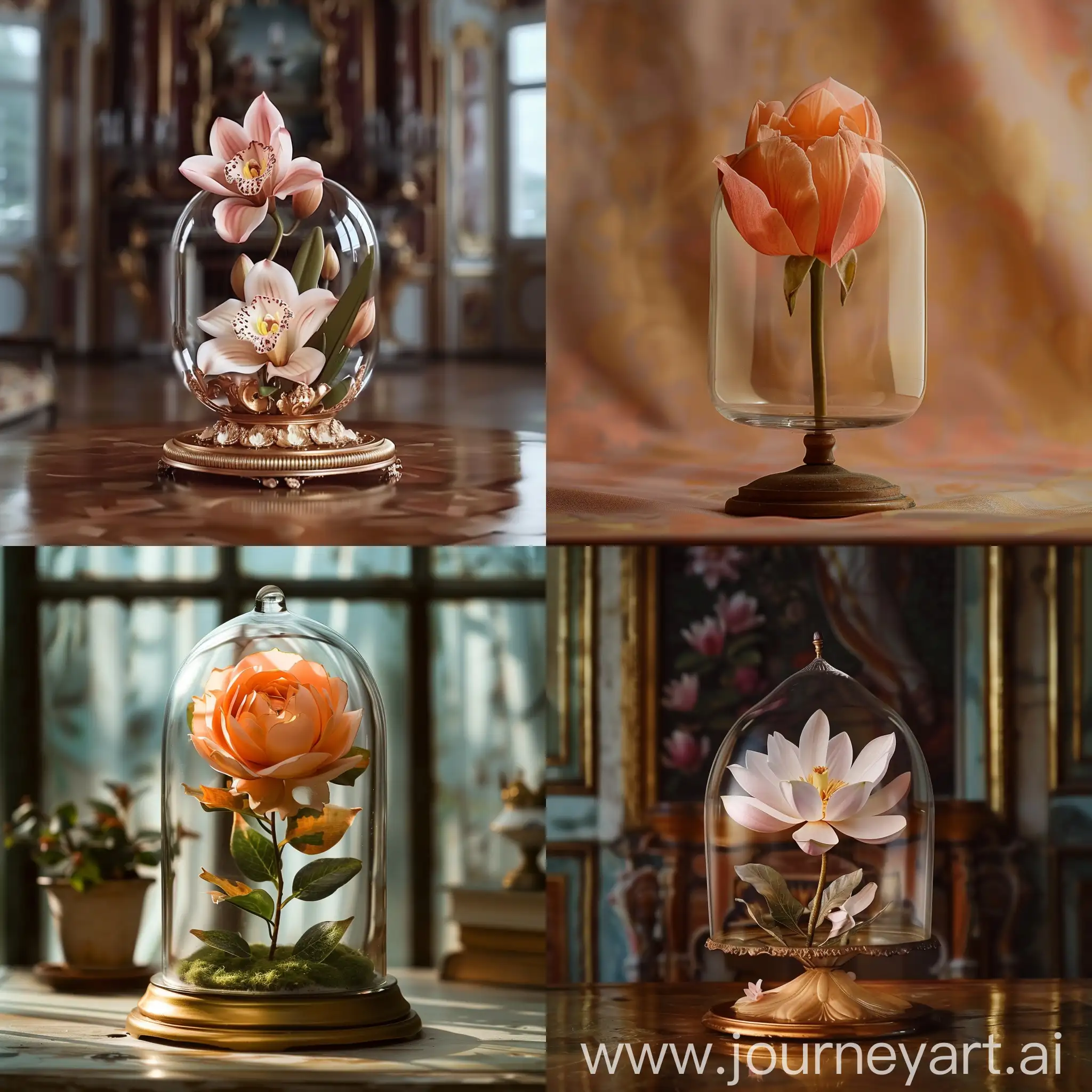 Real and very eye-catching photo of a very beautiful and attractive flower grown in a dome-shaped glass (medium glass size) with a beautiful base, the flower inside the glass is a little smaller than the glass, matte background in a beautiful royal house, morning , masterpiece, beauty in every sense, very realistic, many details, professional photography, (real), dreamy,