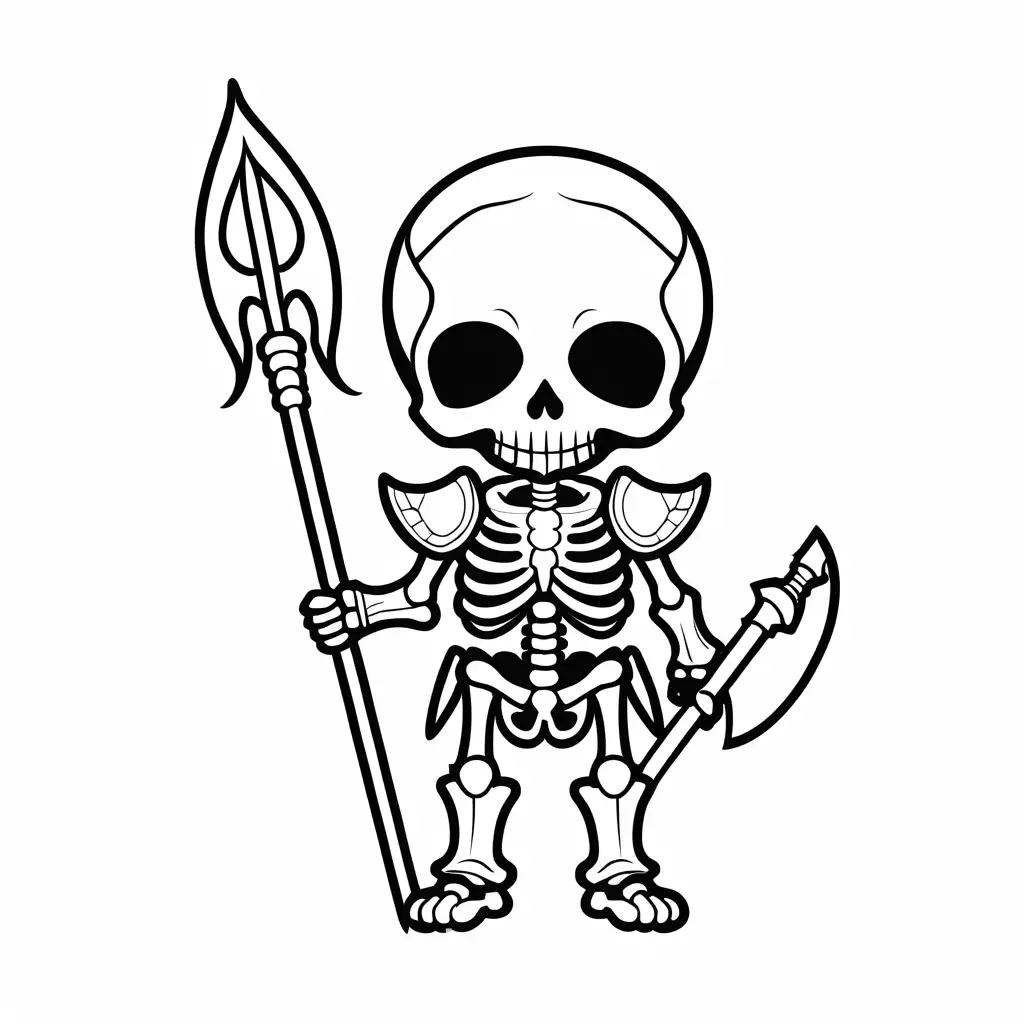 cute skeleton warrior kawaii style, Coloring Page, black and white, line art, white background, Simplicity, Ample White Space. The background of the coloring page is plain white to make it easy for young children to color within the lines. The outlines of all the subjects are easy to distinguish, making it simple for kids to color without too much difficulty