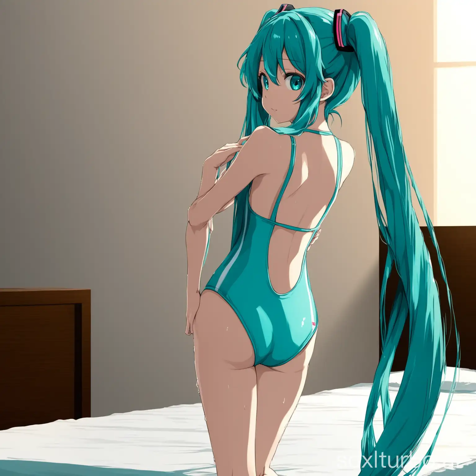 Hatsune Miku wearing a swimsuit, leaning on the bed lifting one leg, looking back at the camera