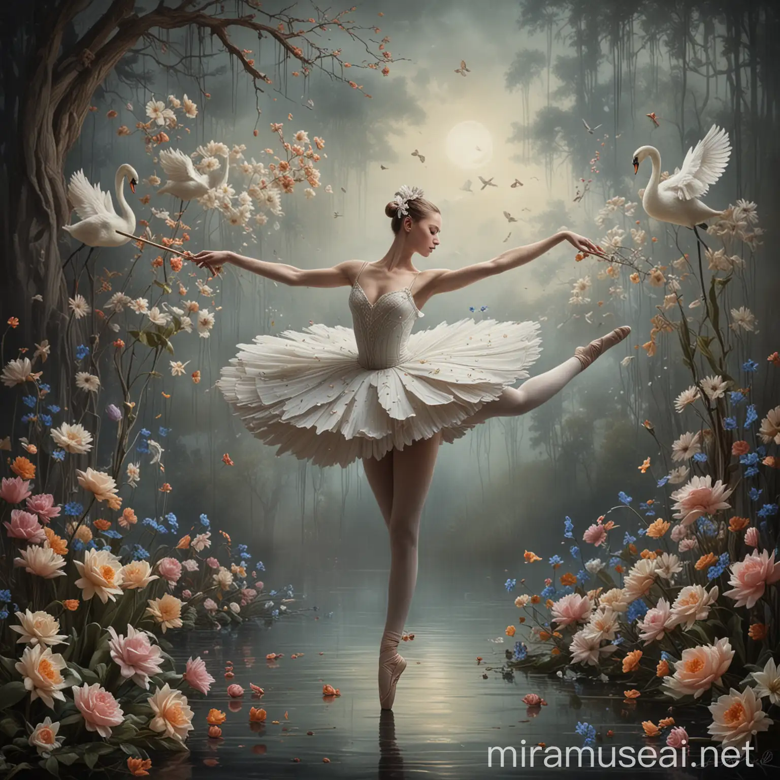 Surrealistic Ballet Performance with Music Notes and Swan Lake Theme