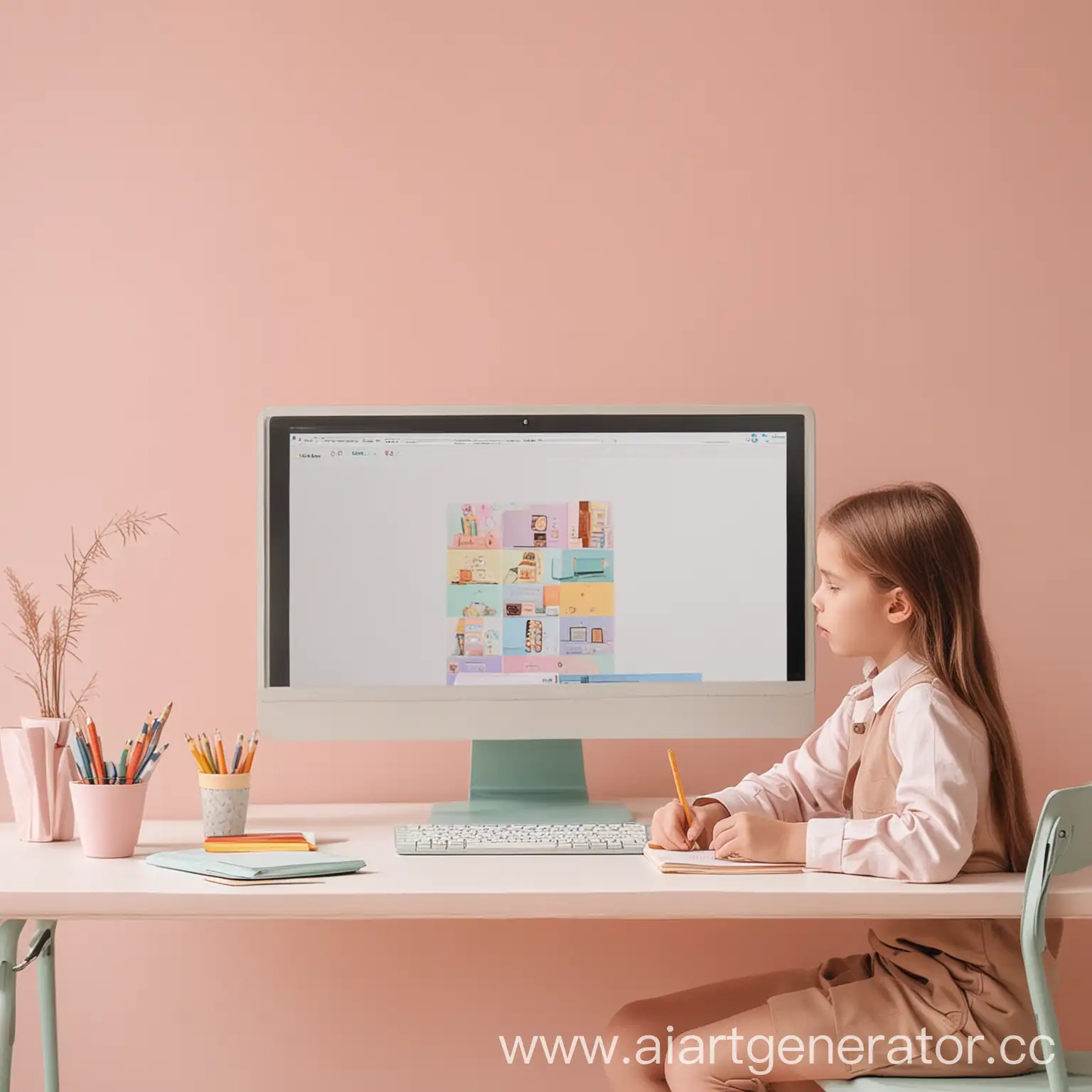 минималистичная картинка в пастельных цветах где дети занимаются в онлайн школе