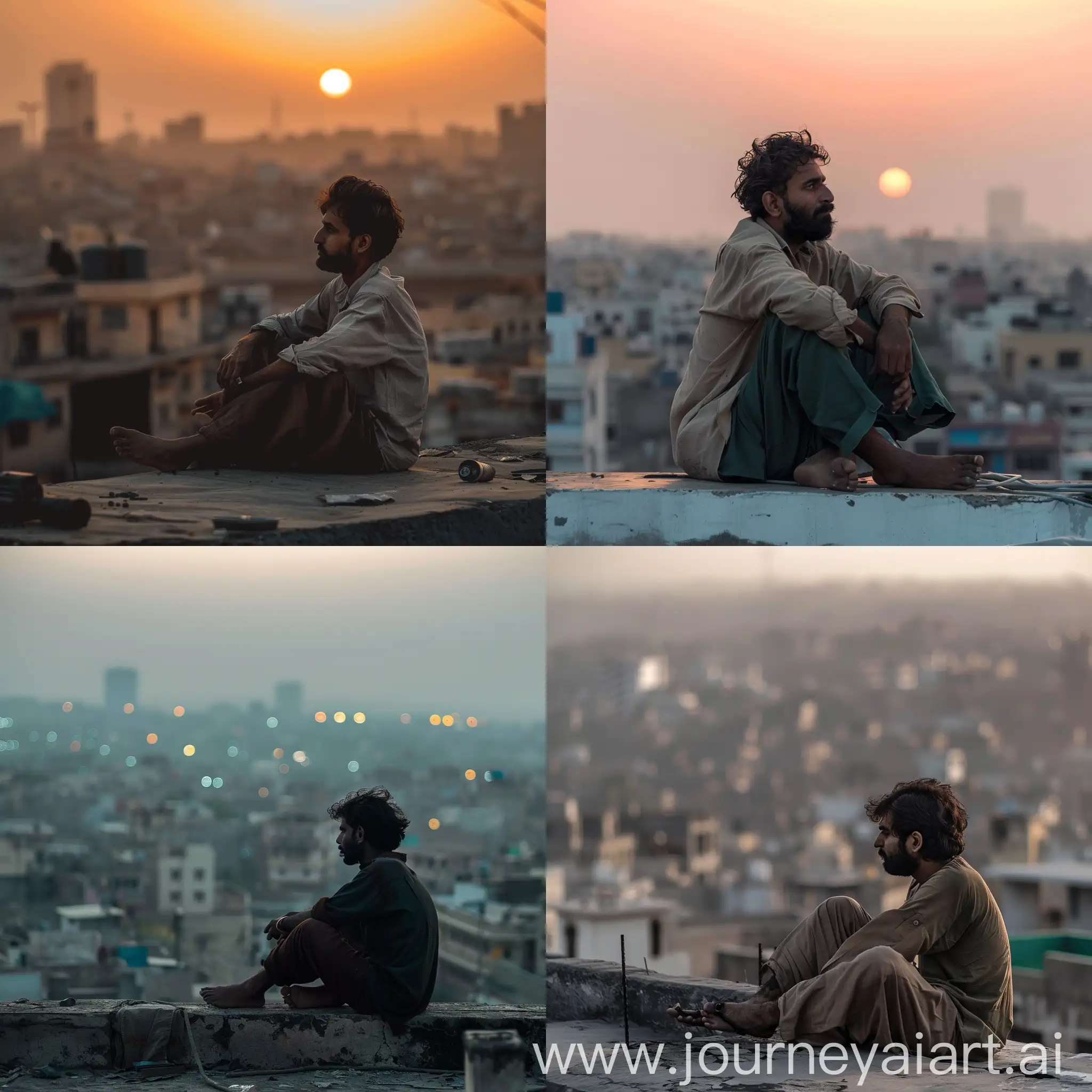 man sitting on rooftop, karachi city in background