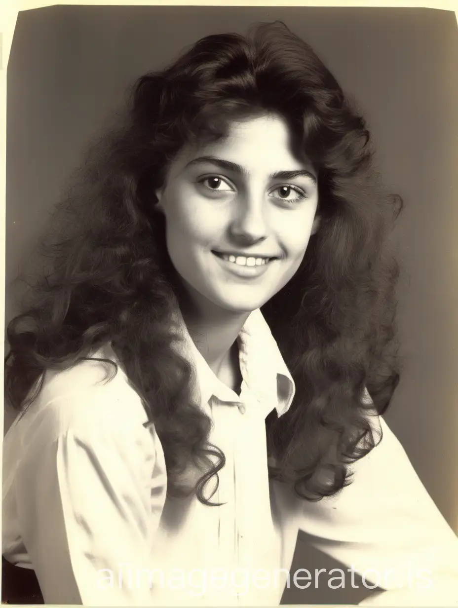 fotografía escolar de los ochenta de una mujer joven italiana en sus veintes, cabello largo con peinado ochentero, castaño, ojos redondos, oscuros, facciones afiladas, sonrisa suave
