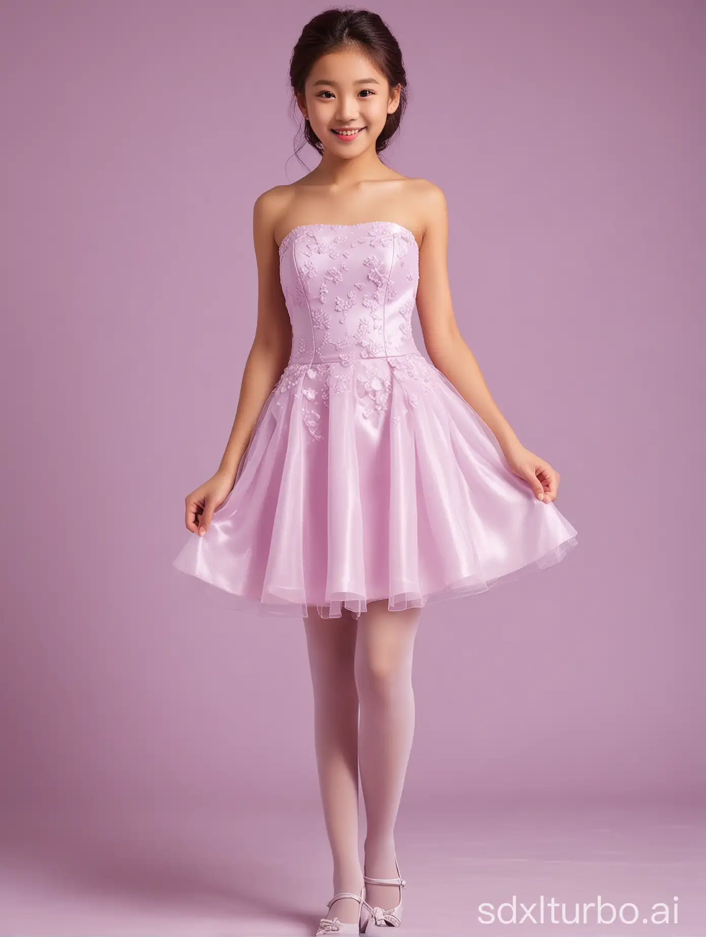 11yo,1girl,Japanese,light violet strapless short wedding dress,pantyhose,full body