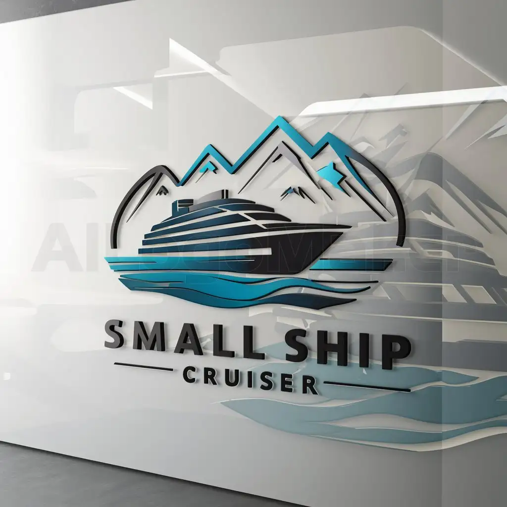 a logo design,with the text "Small Ship Cruiser", main symbol:Cruise ship and mountains,Moderate,be used in Travel industry,clear background
