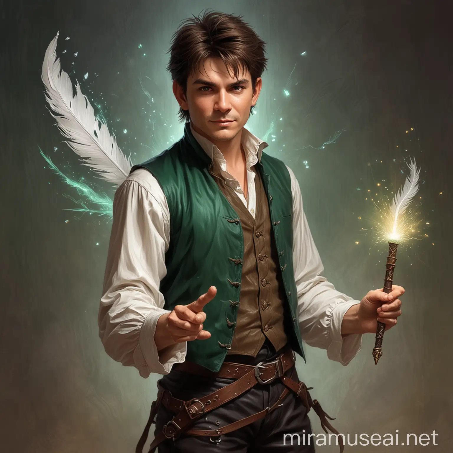 Cheerful Halfling Bard with Emerald Green Feather in Magical Dungeons Dragons Setting