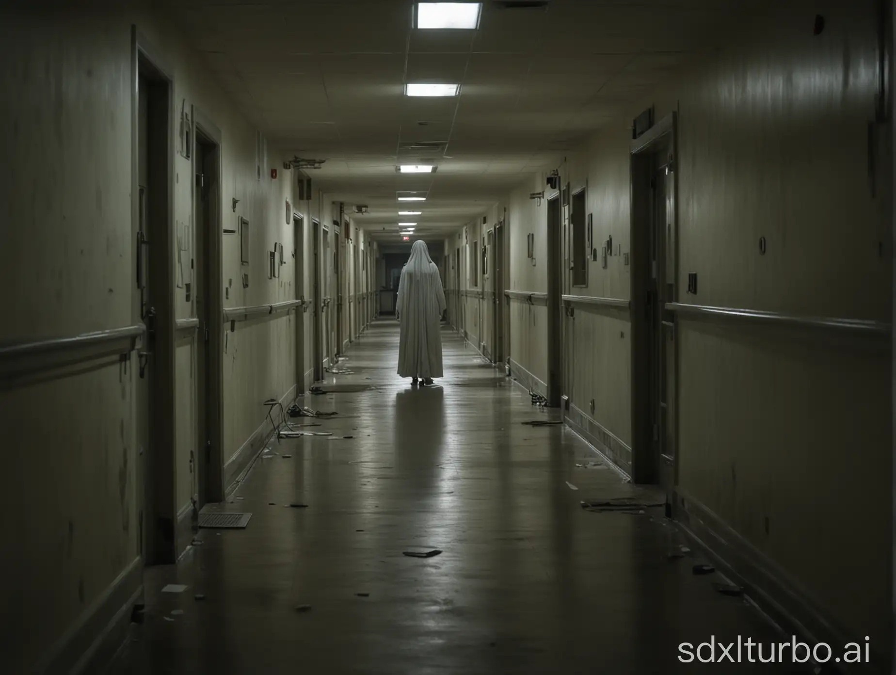 一个废弃的医院走廊，画风压抑黑暗，远处有一个女鬼