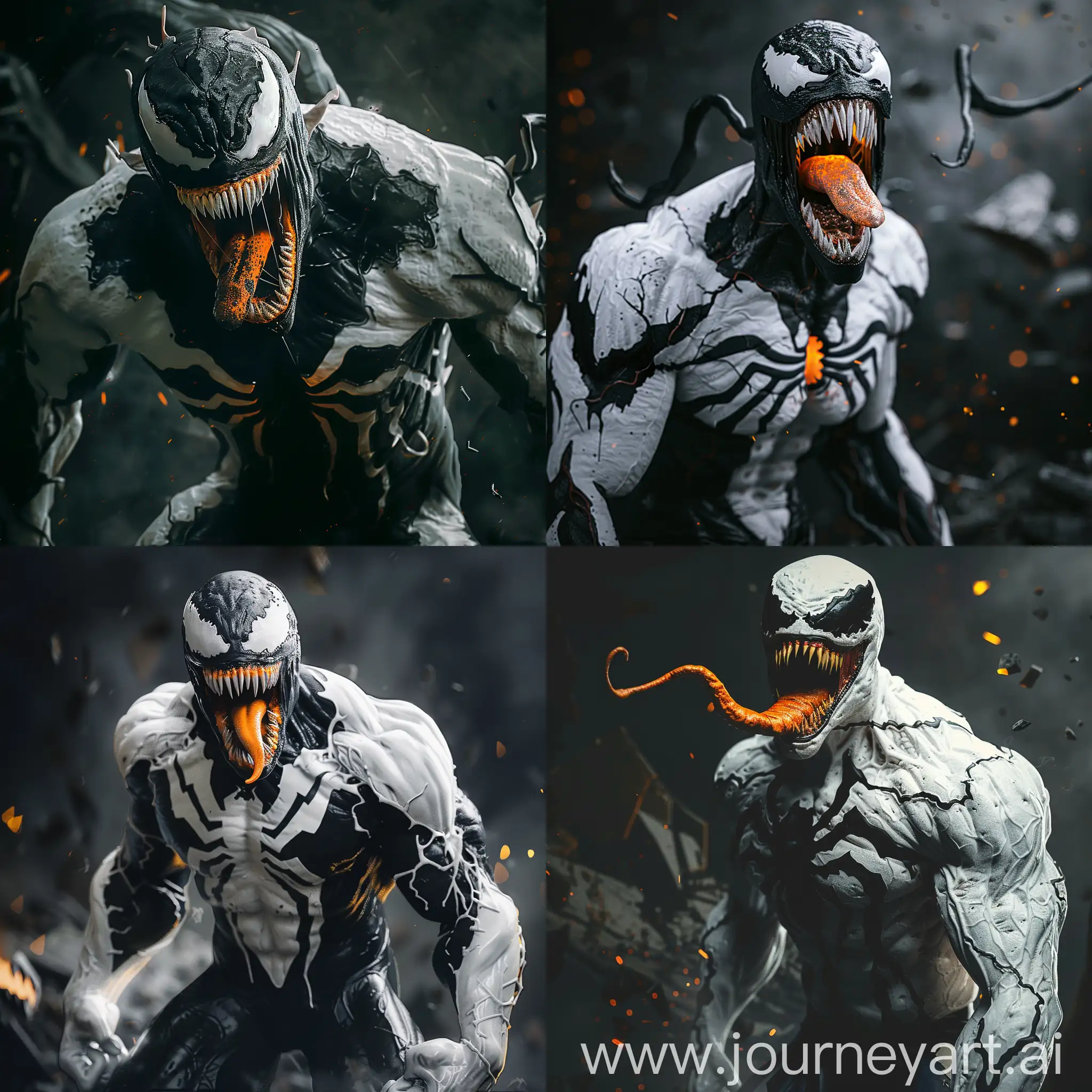 Dynamic pose, white Anti-Venom from Marvel mixed spawn, looking into the camera, open mouth, black face, orange mouth, yellow eyes, dark on the background, angry and gloomy look, standing half-side, full body pose, realism, ultra detail dark background with destruction, cinematic, 8k, hd